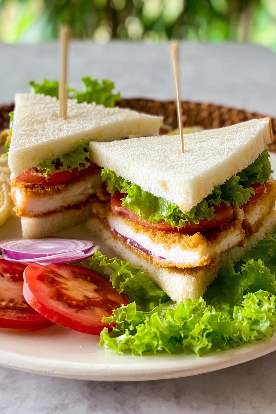 The image shows two triangular sandwiches on a white plate with a white marbled background. Each sandwich has three layers of soft white bread. The bottom layer has fresh bright green lettuce, followed by red tomato slices, then a crispy-looking breaded chicken layer, and the top slice of white bread with a wooden toothpick holding each sandwich together. Around the sandwiches, there are fresh green leafy lettuce leaves, slices of red tomato, and thin slices of purple onion for garnish. Photo taken with an iphone --ar 2:3 --v 7 - Spicy Thai Grilled Chicken Sandwich, Thai chicken sandwich recipe, grilled chicken sandwich with Thai flavors, spicy grilled chicken sandwich, Thai-inspired chicken sandwich