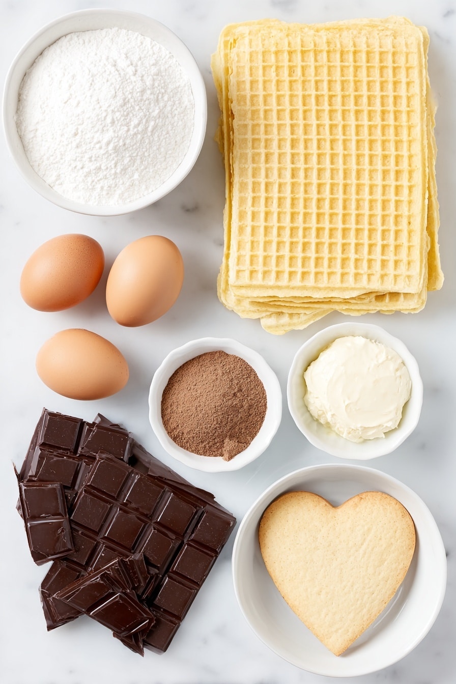 Flat lay of a large rectangular waffle sheet with a natural golden-brown color, three whole uncracked brown eggs, a small white ceramic bowl filled with fine white granulated sugar, a small white bowl containing vanilla sugar in powder form, a small white bowl holding fine baking powder, a small white bowl with warm brown Lebkuchen spice powder, a pile of smooth dark Lebkuchen chocolate blocks beside a small white bowl holding solid white coconut fat, and a soft heart-shaped Lebkuchen cookie with a slightly cracked surface, all arranged symmetrically on a clean white marble surface, soft natural light, photo taken with an iPhone, professional food photography style, fresh ingredients, white ceramic bowls, no bottles, no duplicates, no utensils, no packaging --ar 2:3 --v 7 --p m7354615311229779997 - Lebkuchen Schokoküsse, Lebkuchen Schokoküsse Rezept, lebkuchen biscuit marshmallow, German holiday treats, spicy chocolate marshmallows
