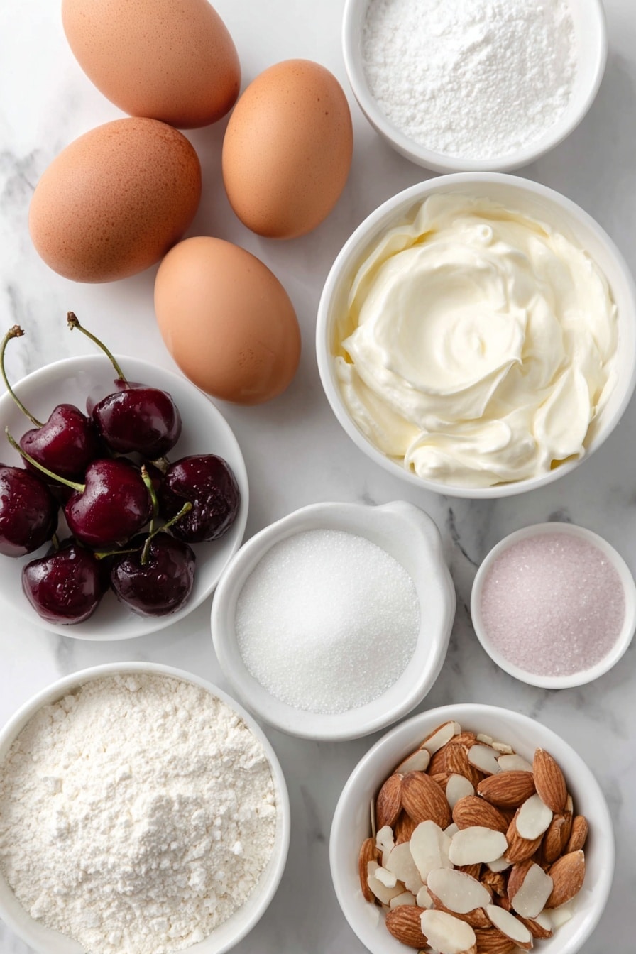 Flat lay of four whole large brown eggs with clean shells, a small white ceramic bowl of smooth mascarpone cheese, a small white ceramic bowl filled with fresh full cream, a small white ceramic bowl of fine white icing sugar, a small white ceramic bowl of fine castor sugar, a small white ceramic bowl holding white vinegar, a small white ceramic bowl containing fine cornflour, a small white ceramic bowl of vanilla paste, a cluster of fresh ripe red cherries with stems, a small white ceramic bowl of sliced almonds, and a small white ceramic bowl of extra dusted icing sugar, all arranged with perfect symmetry on a clean white marble surface, soft natural light, photo taken with an iPhone, professional food photography style, fresh ingredients, white ceramic bowls, no bottles, no duplicates, no utensils, no packaging --ar 2:3 --v 7 --p m7354615311229779997 - Cherry Mascarpone Pavlova Roll, Pavlova Roll with Cherries, Easy Cherry Pavlova Dessert, Elegant Cherry Meringue Roll, Fresh Cherry Mascarpone Cake