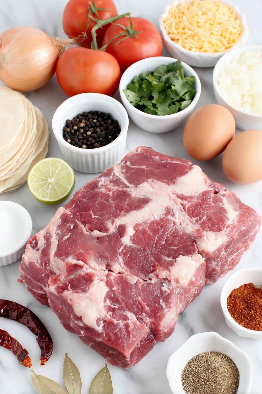 Beef Birria Tacos Recipe 7 Flat lay of a fresh raw boneless chuck roast cut into large pieces, two whole brown eggs with clean shells, a small white ceramic bowl of black peppercorns, a small white bowl of cumin seeds, a small bowl of coriander seeds, six whole cloves arranged neatly, four fresh green bay leaves, several broken pieces of cinnamon stick, a quartered yellow onion, eight whole garlic cloves with papery skin intact, a small pile of dried deep red guajillo chiles without stems or seeds, a few dried ancho chiles similarly prepared, one dried deep red chili de arbol stemmed and seeded, four large ripe vine tomatoes cut roughly, a small white bowl of apple cider vinegar, a small white dish of granulated beef bouillon powder, a small white bowl of dried oregano, a small white bowl with mixed smoked paprika and dried thyme powders, one medium white onion sliced, a small bunch of fresh green cilantro sprigs, two fresh limes cut in halves, a pinch of coarse kosher salt crystals, a pile of unwrapped yellow corn tortillas stacked, and a portion of shredded stringy Oaxacan cheese—all placed on a clean white marble surface, soft natural light, photo taken with an iPhone, professional food photography style, fresh ingredients, white ceramic bowls, no bottles, no duplicates, no utensils, no packaging --ar 2:3 --v 7 --p m7354615311229779997 - Beef Birria Tacos, Authentic Mexican Birria Tacos, How to Make Birria Tacos, Spicy Beef Birria Tacos, Best Birria Tacos Recipe