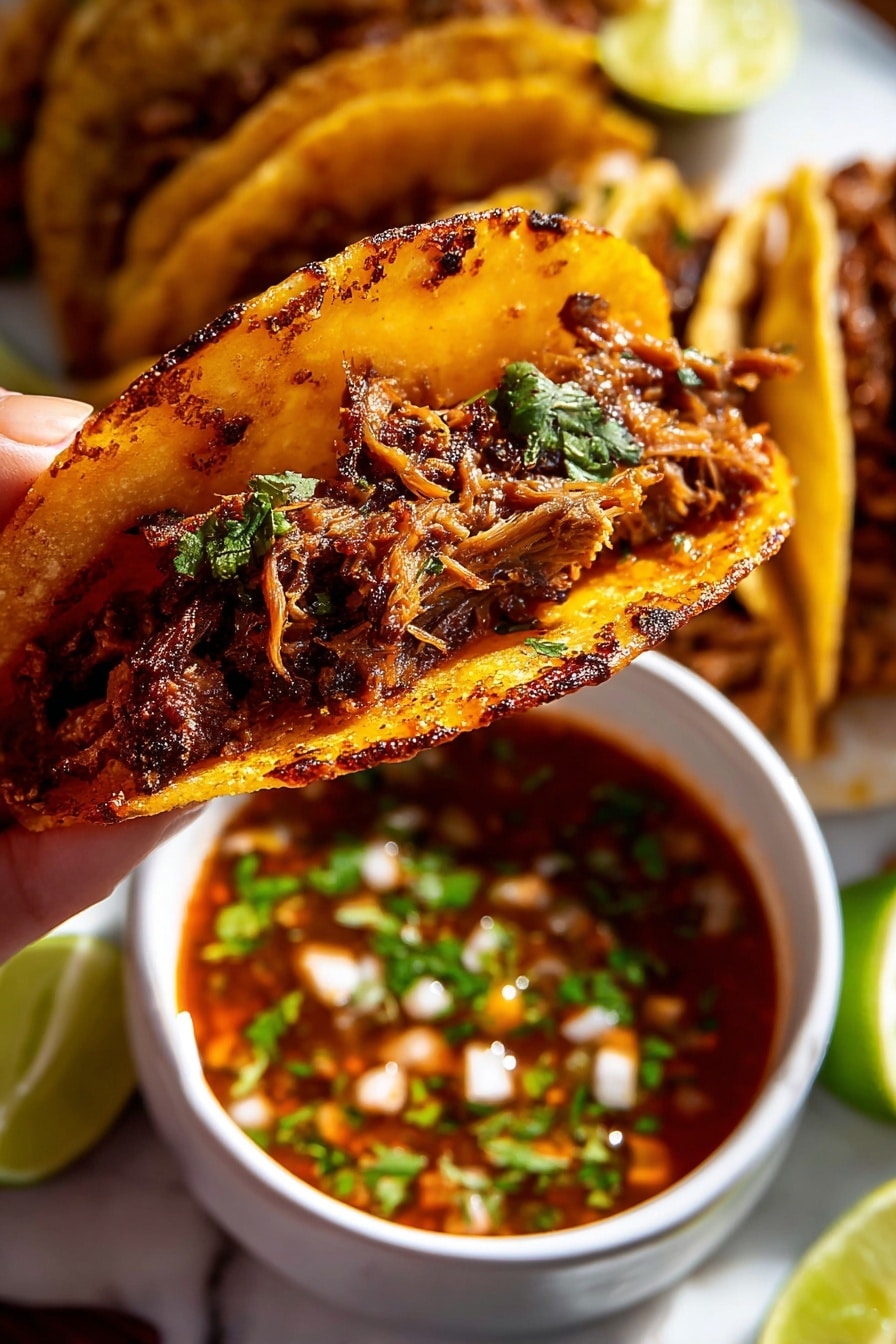 Authentic Birria Tacos Recipe 6 A close-up shows a folded taco being held by a woman's hand, with a golden brown, slightly crispy tortilla. The taco is filled with dark, tender meat and melted orange-yellow cheese on top. Below, a white round bowl of rich red-brown sauce with small orange and dark pieces is catching a drip from the taco. In the blurred background, a white plate with more folded tacos is set on a white marbled surface. photo taken with an iphone --ar 2:3 --v 7 - Authentic Birria Tacos, Birria Tacos recipe, Mexican birria tacos, homemade birria tacos, best birria tacos