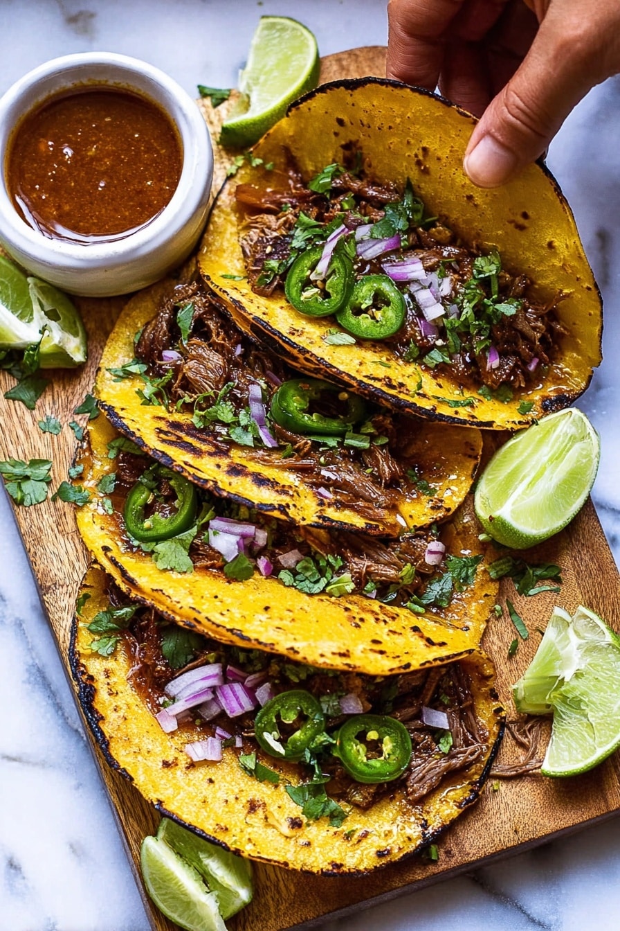 Authentic Mexican Birria Stew Recipe 6 The image shows three tacos on a wooden board with a white marbled surface background. Each taco has two toasted corn tortillas, golden-yellow with dark char edges. Inside, there is a layer of dark shredded meat filling topped with green jalapeño slices, small chopped purple onions, and fresh green cilantro sprinkled over all. There are lime wedges placed around the tacos for garnish. A white bowl containing a reddish-brown sauce sits at the top left corner of the board. A woman's hand is holding the top taco, lifting the top tortilla. The scene is bright and colorful, showing a fresh and tasty meal. Photo taken with an iphone --ar 2:3 --v 7 - Authentic Mexican Birria Stew, Mexican Birria Stew, homemade birria recipe, traditional Mexican stew, juicy birria tacos