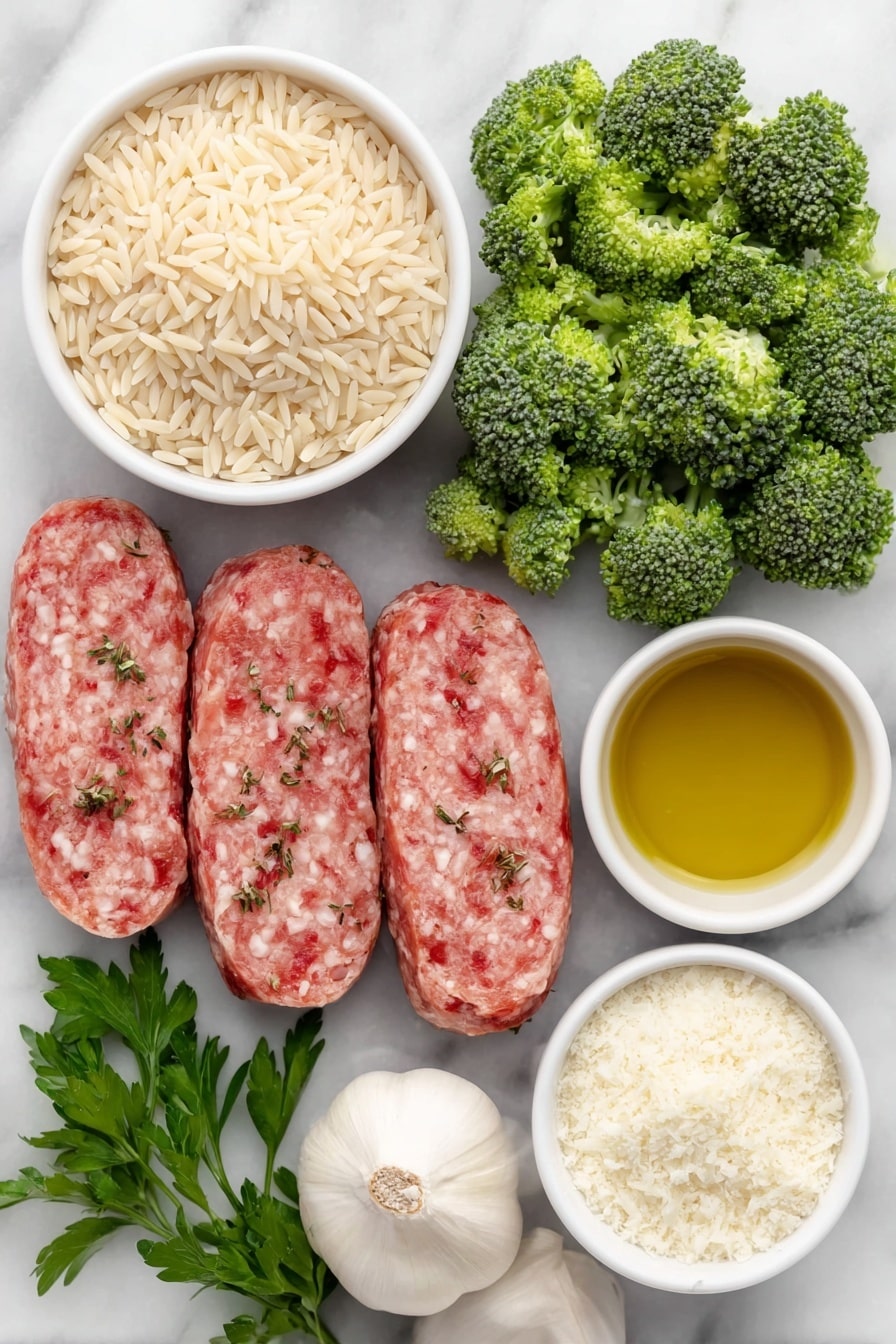 Flat lay of a small mound of dry orzo pasta, a few thick slices of fresh chicken sausage with visible herbs, vibrant green broccoli florets, three whole uncracked garlic cloves, a handful of bright green fresh parsley sprigs, a small white ceramic bowl with golden olive oil, another small white bowl filled with finely grated Parmesan cheese, and a small white bowl containing mixed Italian seasoning spices, all arranged symmetrically and naturally placed on a clean white marble surface, soft natural light, photo taken with an iPhone, professional food photography style, fresh ingredients, white ceramic bowls, no bottles, no duplicates, no utensils, no packaging --ar 2:3 --v 7 --p m7354615311229779997 - Creamy Chicken Sausage Broccoli Orzo, chicken sausage orzo dinner, easy creamy orzo recipes, hearty chicken sausage pasta, quick weeknight meal ideas