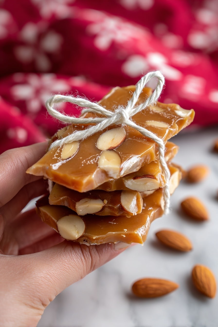 The image shows a close-up of several light golden brown, bubble-textured wafers stacked casually on a white plate. Each wafer is thin with round, raised bubbles that give a bumpy texture, and the surface looks slightly shiny, suggesting a crisp finish. The stack is slightly tilted, showing layers of wafers leaning on each other. The background is softly blurred with warm tones, and there is a pink ribbon loosely placed near the wafers, adding a gentle touch of color. The photo is taken on a white marbled surface. Photo taken with an iphone --ar 2:3 --v 7 - Homemade Peanut Brittle, peanut brittle recipe, crunchy peanut candy, easy candy recipe, salted peanut brittle