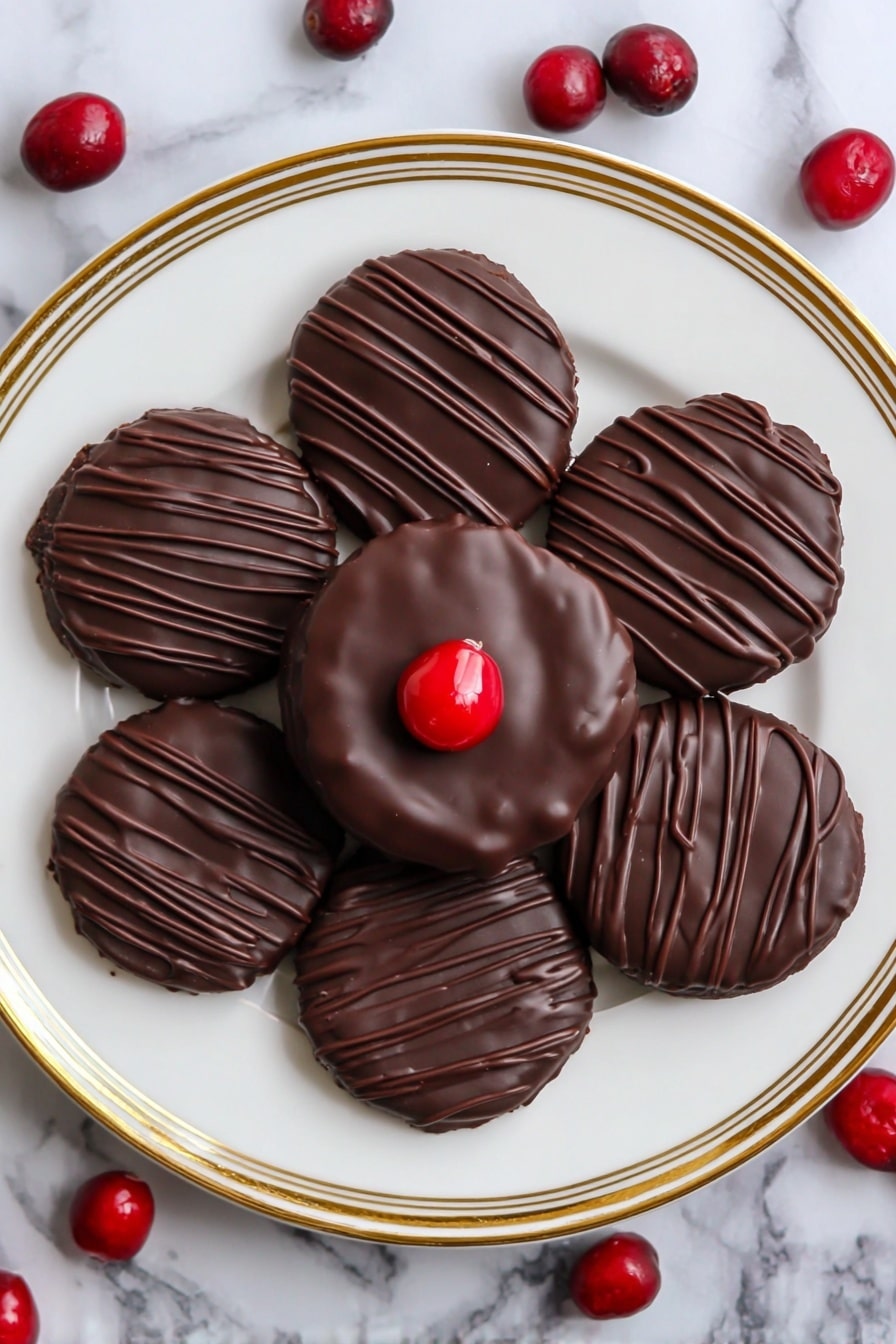 Chocolate-Covered Cranberry Bites Recipe 6 A white plate with a gold rim holds seven round chocolate-covered cookies arranged in a flower shape, with one cookie in the center and six around it. The center cookie has a smooth, shiny dark chocolate layer topped with a single bright red cherry. The six surrounding cookies have a dark chocolate coating with a wavy drizzle pattern on top. The plate is placed on a white marbled surface with a few scattered red cherries. The colors are mainly dark brown, white, gold, and red, showing a rich and neat dessert presentation. Photo taken with an iphone --ar 2:3 --v 7 - Chocolate-Covered Cranberry Bites, festive holiday treats, easy cranberry chocolate snacks, quick holiday dessert, elegant Christmas sweets