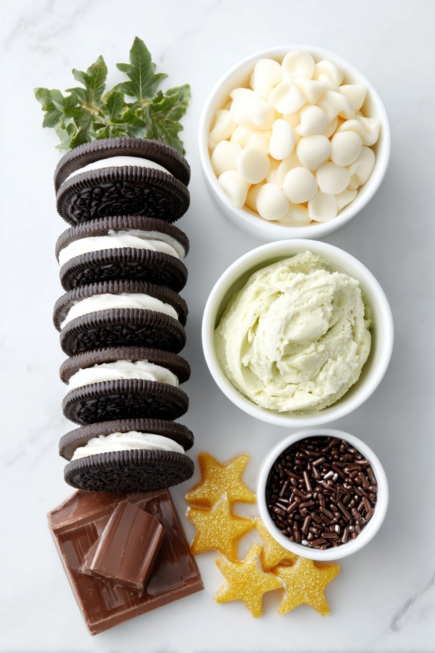 Flat lay of a neat row of whole Oreo cookies with dark chocolate sandwich and white cream center, a small white ceramic bowl filled with smooth white melting chips, another small white bowl containing vibrant green melting wafers, a handful of glossy yellow candy star tree toppers scattered nearby, and a small white bowl holding shiny chocolate jimmies, all arranged symmetrically on a clean white marble surface, soft natural light, photo taken with an iPhone, professional food photography style, fresh ingredients, white ceramic bowls, no bottles, no duplicates, no utensils, no packaging --ar 2:3 --v 7 --p m7354615311229779997 - Christmas Oreo Tree Cookies, Festive Oreo Tree Cookies, Holiday Cookies with Oreos, Easy Christmas Cookies, Christmas Dessert Recipes