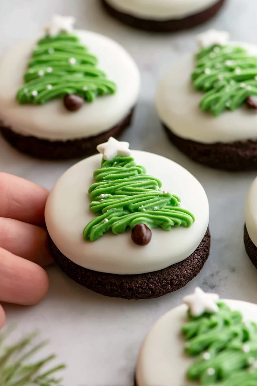 The image shows several chocolate sandwich cookies half covered with smooth white coating on a white marbled surface. Each cookie has a green icing shaped like a Christmas tree on the uncoated half with a small white star-shaped decoration on top of the tree. A woman's hand is gently holding one cookie from the bottom left corner of the image. The texture of the dark cookie contrasts with the glossy white coating and soft green icing, making the festive design stand out. Photo taken with an iphone --ar 2:3 --v 7 - Christmas Oreo Tree Cookies, Festive Oreo Tree Cookies, Holiday Cookies with Oreos, Easy Christmas Cookies, Christmas Dessert Recipes