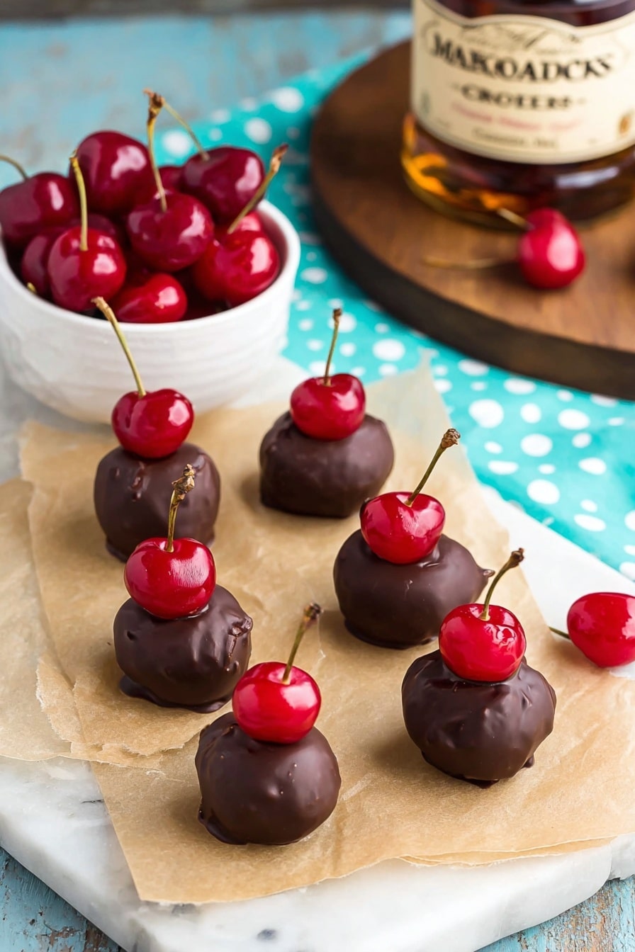 The image shows seven small chocolate balls laid on two pieces of light brown parchment paper, arranged in two uneven rows. Each chocolate ball is covered in smooth dark brown chocolate with a shiny red cherry placed on top, some cherries showing their stems. Two extra cherries with stems rest on the parchment paper near the chocolate balls. Behind the parchment paper, there is a small white bowl filled with bright red maraschino cherries with stems. Further back, a clear bottle with a beige label and dark brown wooden cap is placed on a round wooden board. The entire scene sits on a white marbled surface partially covered by a turquoise and white polka dot cloth. photo taken with an iphone --ar 2:3 --v 7 - Cherry Bourbon Balls, bourbon cherry treats, chocolate bourbon confections, festive bourbon dessert, easy boozy holiday treats
