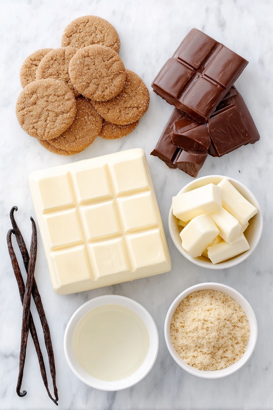 Flat lay of crunchy whole gingersnap cookies arranged in a small pile, a block of fresh cream cheese with a smooth surface, a few whole vanilla beans lying next to a small white ceramic bowl of clear vanilla extract, a small white ceramic bowl filled with smooth white chocolate wafers, another small white ceramic bowl containing dark chocolate wafers, and a small white ceramic bowl with finely crushed gingersnap cookie crumbs, all placed symmetrically on a clean white marble surface, soft natural light, photo taken with an iPhone, professional food photography style, fresh ingredients, white ceramic bowls, no bottles, no duplicates, no utensils, no packaging --ar 2:3 --v 7 --p m7354615311229779997 - Gingerbread Truffles, gingerbread dessert, holiday truffles, no-bake festive treats, easy gingerbread bites