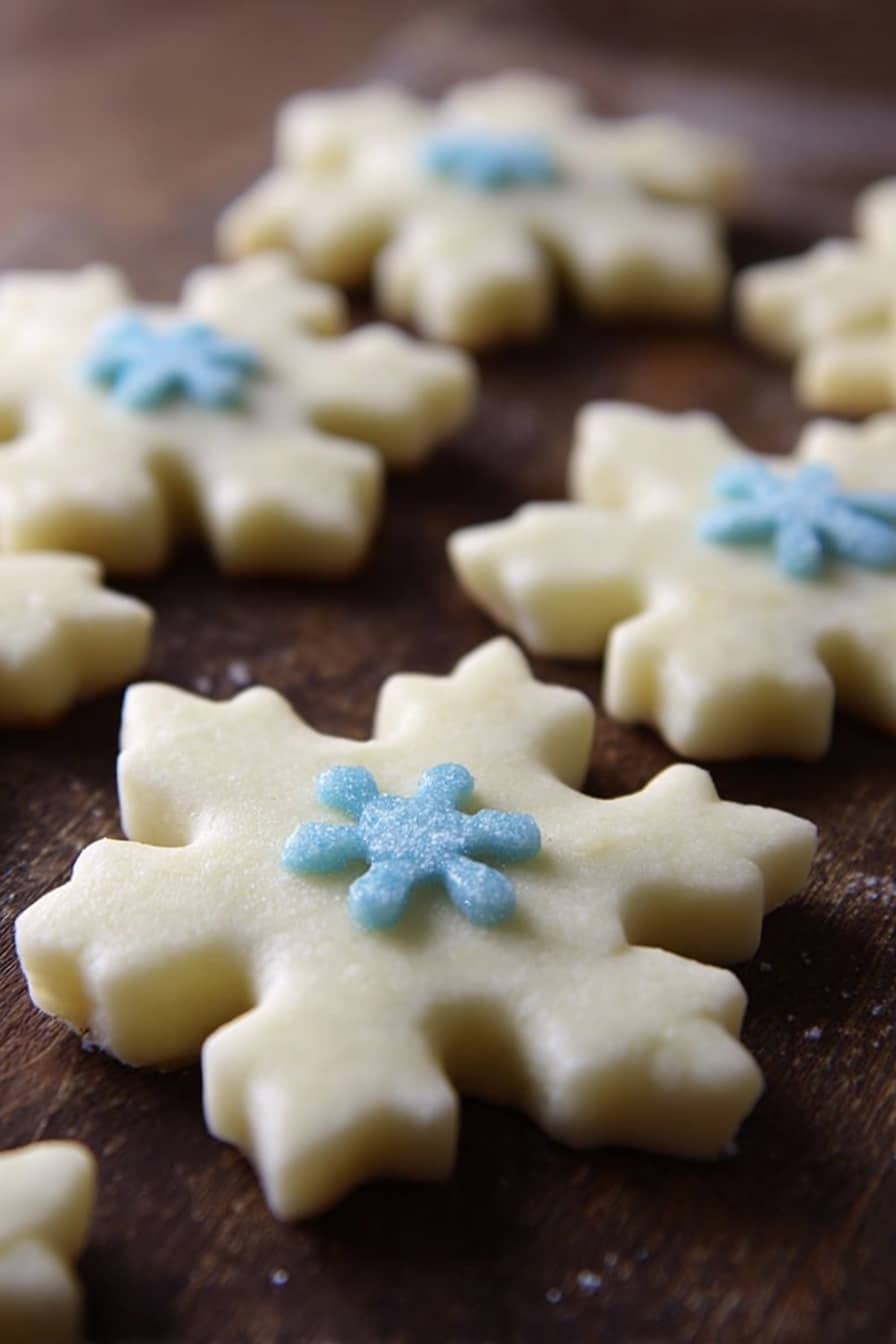 The image shows several star-shaped cookies on a white marbled surface lined with baking paper. The cookies are pale beige with a smooth texture, and some of them have a slight golden-brown dusting on top. The stars are evenly spaced, and the focus is on one cookie in the front, showing small sugar-like grains shining faintly on its surface. photo taken with an iphone --ar 2:3 --v 7 - Peppermint Creams Snowy Candies Peppermint Mints Holiday Treats