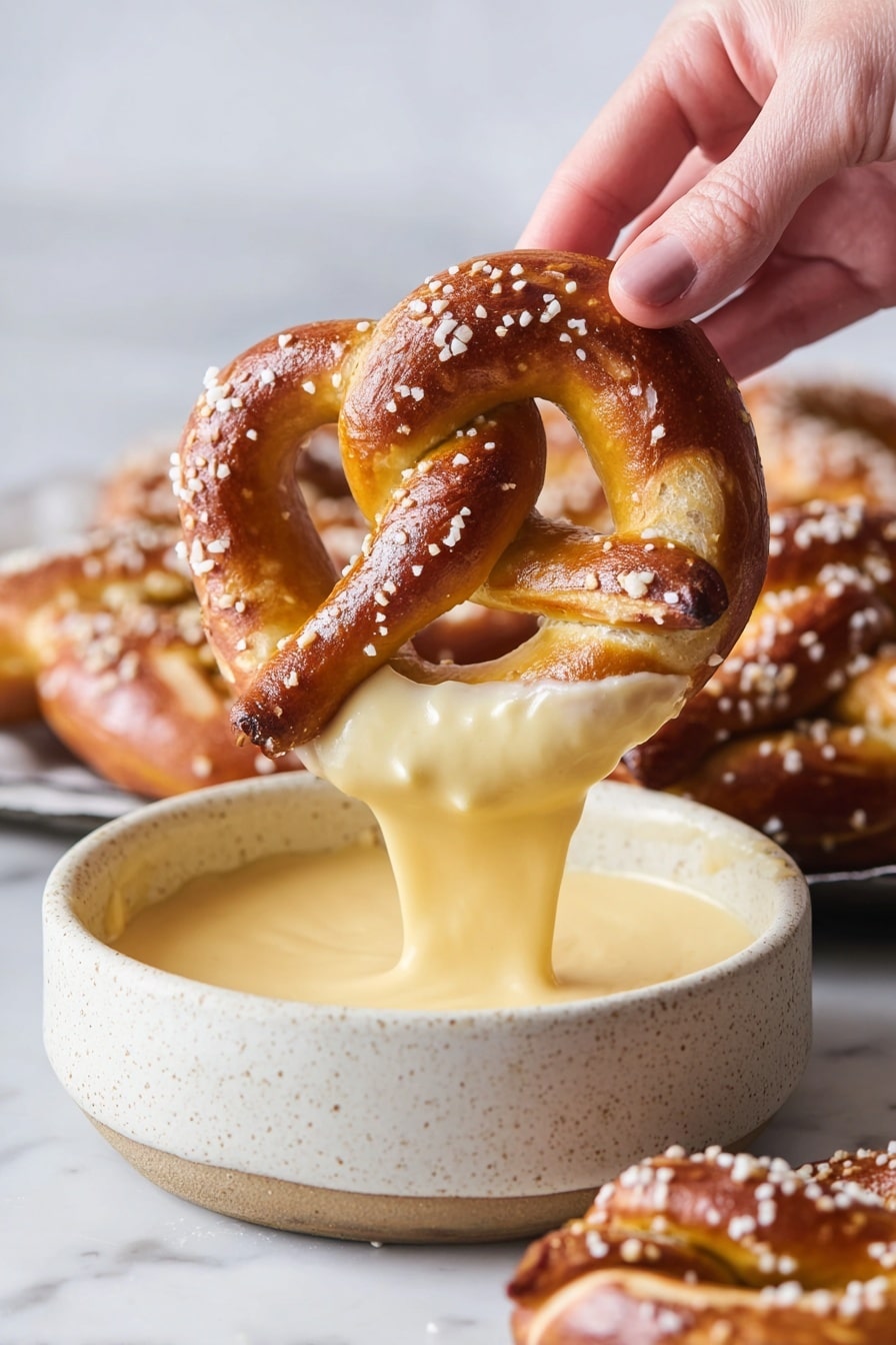 Homemade Soft Pretzels Recipe 6 A golden-brown soft pretzel with coarse salt sprinkled on top is being held by a woman's hand, dipped halfway into a bowl filled with thick, creamy yellow cheese sauce. The pretzel shows glossy, slightly darker brown baked lines, indicating a fresh, baked texture. Behind the dipped pretzel, more pretzels with coarse salt sit in a white bowl with a gray-speckled pattern, all placed on a white marbled surface. The cheese sauce clings smoothly to the bottom of the pretzel, stretching slightly as it is lifted from the bowl. Photo taken with an iphone --ar 2:3 --v 7 - Homemade Soft Pretzels, soft pretzels recipe, easy pretzels, DIY pretzels, soft pretzels from scratch