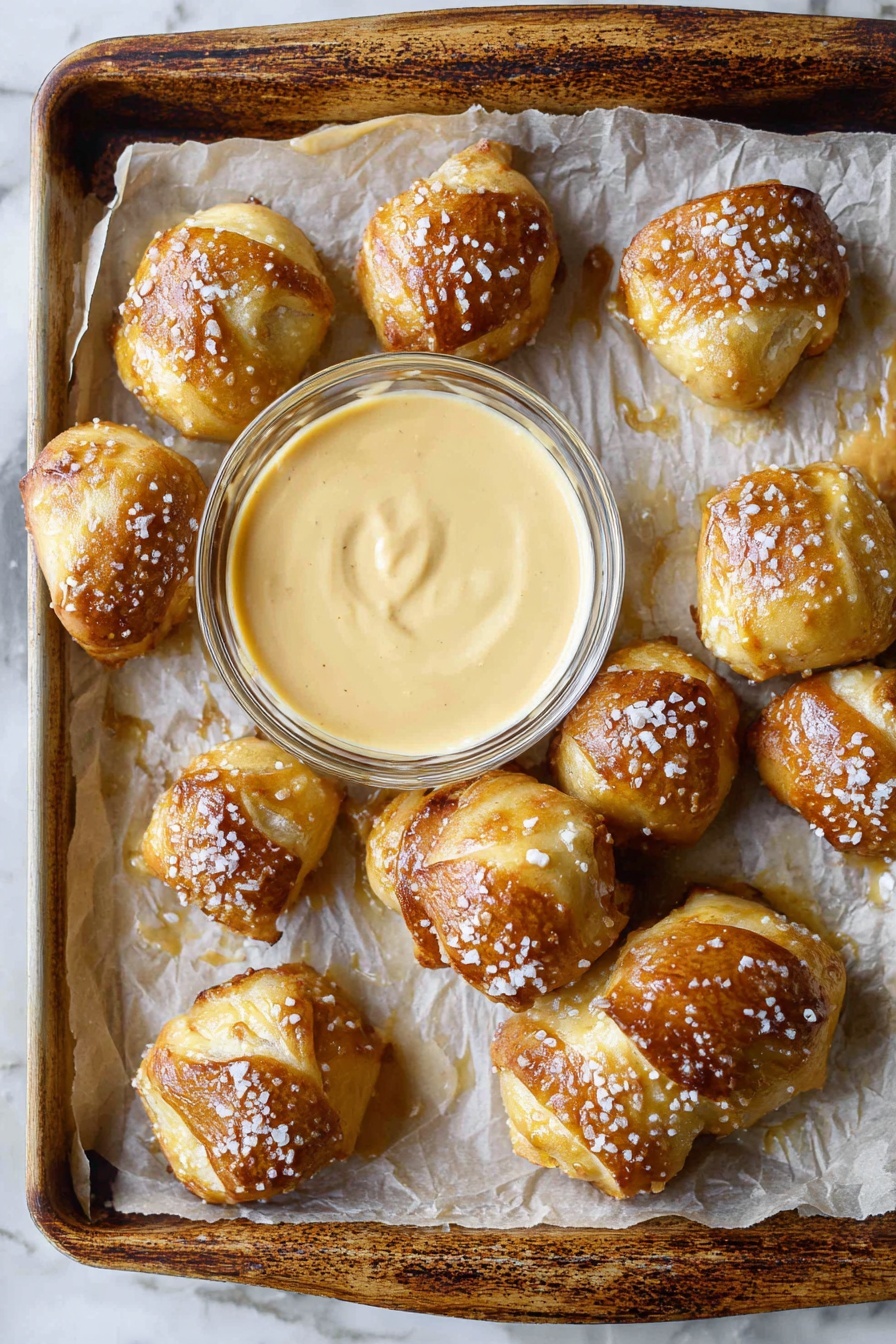 Quick Soft Pretzel Bites Recipe 6 The image shows a baking tray lined with parchment paper holding several golden-brown soft pretzel bites sprinkled with coarse salt. The pretzel bites are arranged loosely around a clear glass bowl filled with a creamy, light beige mustard sauce placed at the center of the tray. The pretzel bites have a shiny, slightly crispy texture on top, contrasting with their soft, thick sides. The tray rests on a white marbled surface with a rustic wooden edge visible at the top. Photo taken with an iphone --ar 2:3 --v 7 - Quick Soft Pretzel Bites, soft pretzel bites recipe, easy pretzel bites, homemade pretzel snacks, cheesy pretzel bites