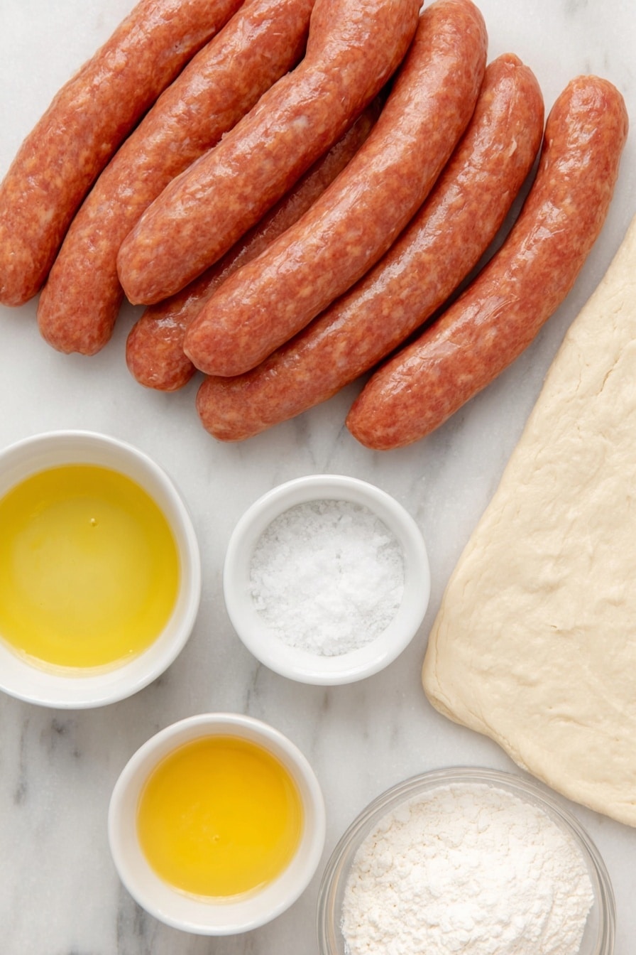 Cheesy Pretzel Dogs Recipe 7 Flat lay of fifteen raw sausage franks with smooth reddish-brown casings, a large unrolled rectangle of pale beige pizza dough with a slightly flour-dusted surface, a small white bowl filled with coarse kosher salt crystals, a small white bowl containing a beaten golden-yellow egg mixture, a large white ceramic bowl of clear water, and a small white bowl with light gray-white baking soda powder, all arranged symmetrically with perfect spacing on a clean white marble surface, soft natural light, photo taken with an iPhone, professional food photography style, fresh ingredients, white ceramic bowls, no bottles, no duplicates, no utensils, no packaging --ar 2:3 --v 7 --p m7354615311229779997 - Cheesy Pretzel Dogs, pretzel hot dogs, cheesy snack recipes, game day appetizer, easy pretzel snacks