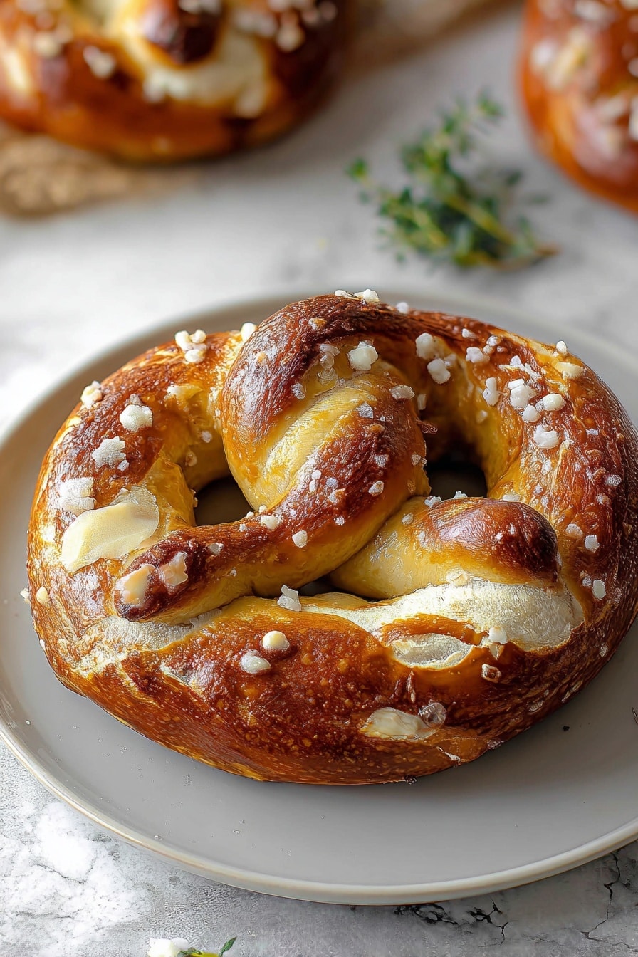 Cheese Stuffed Soft Pretzels Recipe 6 A single soft pretzel sits curled on a white plate, with its thick golden-brown outer layer showing a shiny, slightly crisp texture. Large salt crystals and melted cheese patches are scattered on top, giving it a rough and flaky look. The inside dough is lighter, visible where the pretzel twists and stretches, showing a soft, fluffy texture. The plate rests on a white marbled surface with another pretzel blurred in the background. A small green herb sprig adds a touch of color nearby. photo taken with an iphone --ar 2:3 --v 7 - Cheese Stuffed Soft Pretzels, cheesy pretzel recipe, homemade soft pretzels with cheese, easy cheesy pretzels, soft pretzel snack ideas