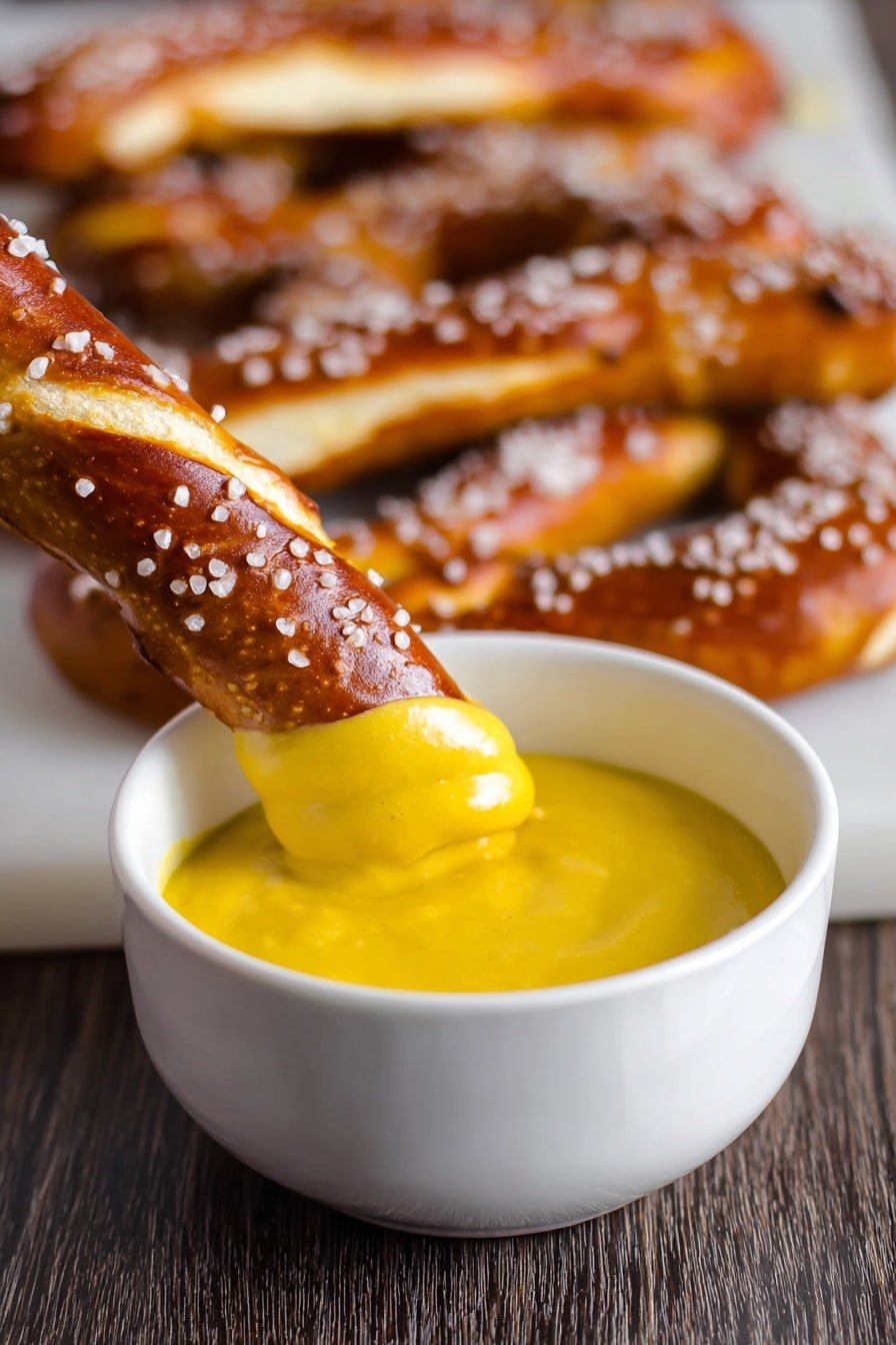 German Soft Pretzel Sticks Recipe 8 A close-up image shows a golden brown pretzel stick dipped partly into a white bowl filled with bright yellow mustard sauce. The pretzel stick has a shiny, smooth surface with coarse white salt sprinkled on top. In the background, several more pretzel sticks with the same color and salt texture are laid out on a white marbled surface, slightly out of focus. The white bowl is placed on a dark wood-textured table. photo taken with an iphone --ar 2:3 --v 7 - German Soft Pretzel Sticks, soft pretzel sticks recipe, homemade pretzel sticks, salty pretzel snacks, easy pretzel recipes