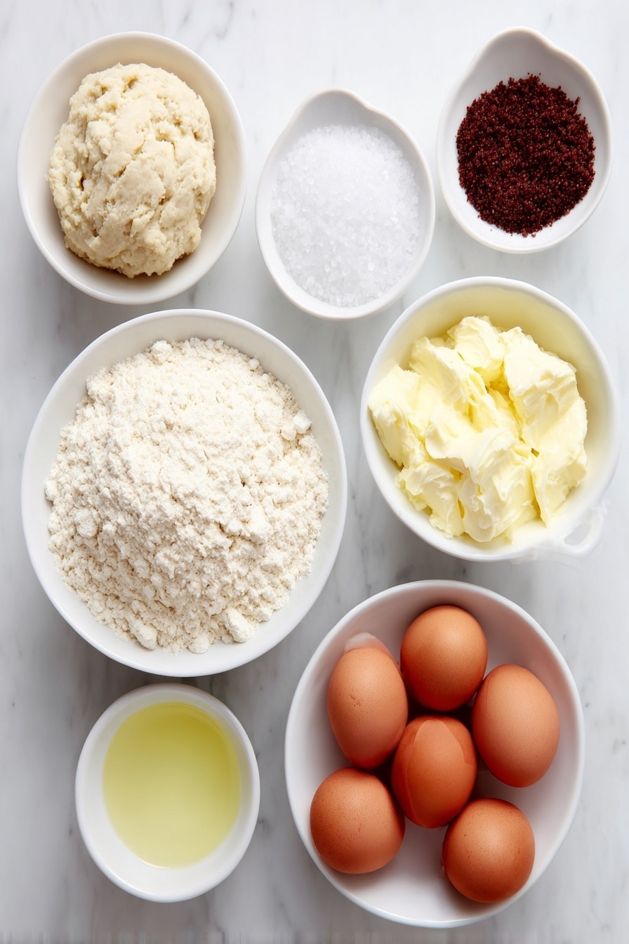Sourdough Discard Pretzel Bites Recipe 7 Flat lay of a small mound of fine all-purpose flour, a rustic ball of light beige sourdough discard dough, a few granules of dark brown sugar piled neatly, a cluster of three whole brown eggs with smooth shells, a small white ceramic bowl of melted golden butter, another small white bowl filled with warm clear water, a third white bowl containing coarse flaky sea salt crystals, and a small white bowl holding a pale yellow beaten egg wash, all arranged symmetrically on a clean white marble surface, soft natural light, photo taken with an iPhone, professional food photography style, fresh ingredients, white ceramic bowls, no bottles, no duplicates, no utensils, no packaging --ar 2:3 --v 7 --p m7354615311229779997 - Sourdough Discard Pretzel Bites, homemade pretzel bites, sourdough snack ideas, easy pretzel snacks, leftover sourdough recipes
