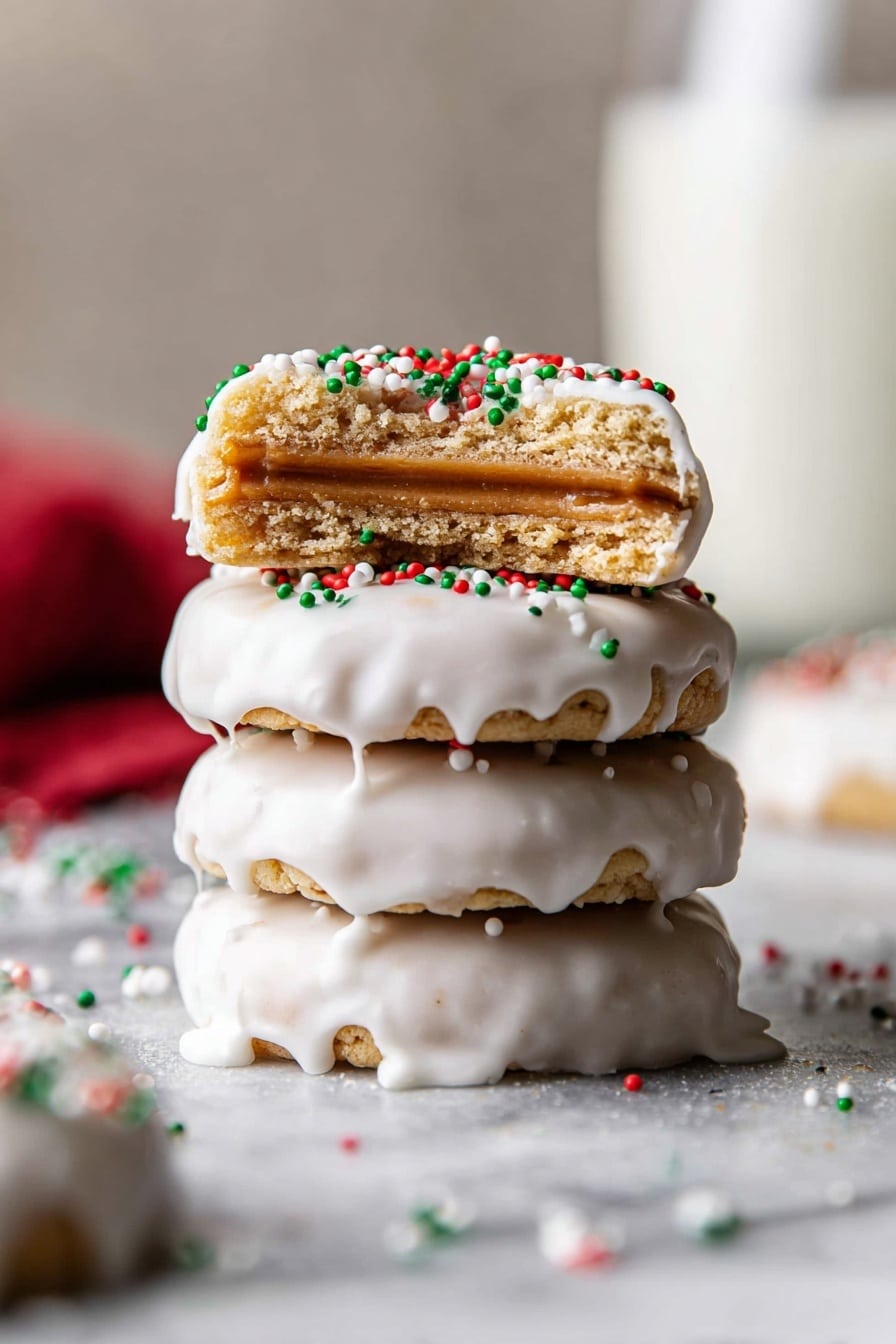 A stack of four round cookies covered in white icing sits on a white marbled surface, with some red, green, and white sprinkles scattered around. The top cookie is bitten in half, showing three layers inside: a crispy pale brown outer cookie layer, a smooth light brown filling in the middle, and the white icing on top. The white icing drips slightly down the sides of the other whole cookies below, creating a soft, glossy texture. The background is softly blurred with a large glass of milk in the back. Photo taken with an iphone --ar 2:3 --v 7 - Ritz Cracker Peanut Butter Cookies, easy peanut butter cookies, salty sweet cookies, festive cookie recipes, quick dessert ideas