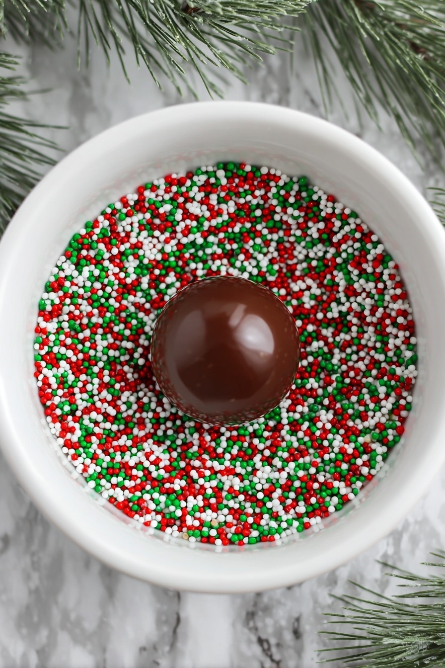 A white bowl on a white marbled surface holds a single smooth, shiny dark brown round chocolate ball in the center. Around the chocolate ball, the bowl is filled with small round sprinkles in red, green, and white colors, covering the bottom of the bowl evenly. Some dark green pine branches are slightly visible at the top right corner, adding a festive touch. The photo taken with an iphone --ar 2:3 --v 7 - Chocolate Kahlua Truffles, Kahlua chocolate truffles, homemade chocolate confections, boozy chocolate treats, easy gourmet truffles