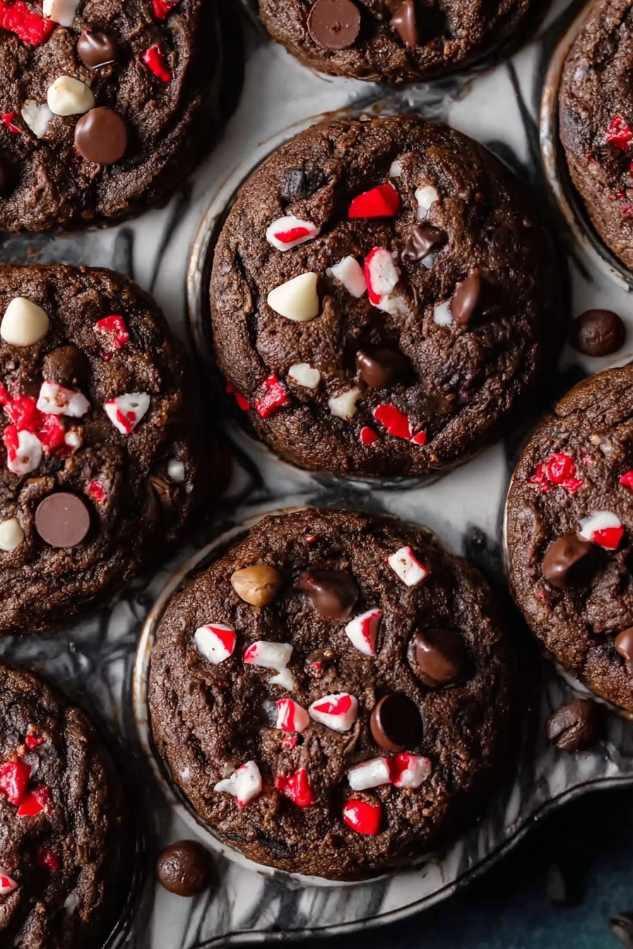 Several dark brown chocolate cookies sit closely together in a white marbled muffin pan, each cookie thick and rough in texture with visible chunks of red and white candy pieces and melted dark chocolate chips scattered on top. The cookies have a slightly uneven surface, giving them a crunchy look, with the candy pieces adding bright splashes of color on the rich brown dough. The pan is also sprinkled with a few whole coffee beans, adding a deep contrast in dark brown on the white marbled background. Photo taken with an iphone --ar 2:3 --v 7 - Peppermint Mocha Cookies, Peppermint Mocha Cookies Recipe, holiday cookies with peppermint and chocolate, chewy peppermint cookies, easy mocha cookies