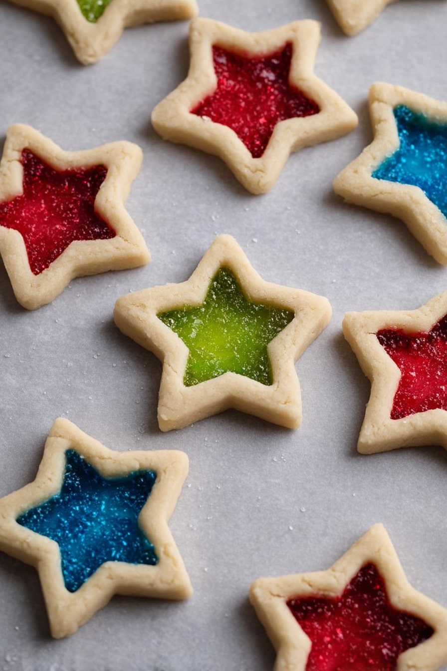 The image shows star-shaped cookies on a baking sheet with a white marbled texture underneath. Each cookie has two layers: a thick beige dough outer layer in the shape of a star with a hollow star cutout in the center, and a colorful crushed candy filling inside the hollow. The candy comes in bright red, green, and blue colors, giving a shiny and textured look in the middle of the soft dough. The cookies are evenly spaced and ready to be baked. photo taken with an iphone --ar 2:3 --v 7 - Stained Glass Cookies with Jolly Ranchers, colorful holiday cookies, festive cookie ideas, easy stained glass cookies, holiday baking recipes