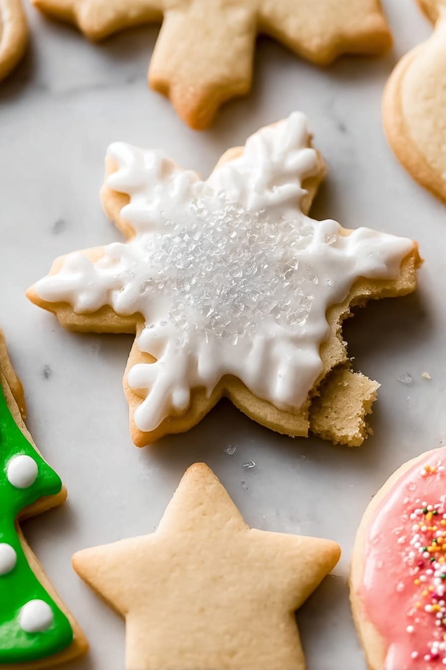 Christmas Sugar Cookies with Easy Icing Recipe 8 A stack of star-shaped cookies is shown on a white marbled surface. The top cookie is decorated with smooth white icing covering the entire top surface, sprinkled with tiny silver sugar crystals that sparkle gently. Below it, there are several plain cookies without icing, their golden-brown edges visible, creating a layered effect of five or six cookies stacked unevenly. The background is softly blurred, highlighting the texture of the cookies and the shine of the sugar sprinkles on top. photo taken with an iphone --ar 2:3 --v 7 - Christmas Sugar Cookies with Easy Icing, holiday sugar cookies, festive Christmas cookies, easy cookie decorating, soft buttery Christmas cookies