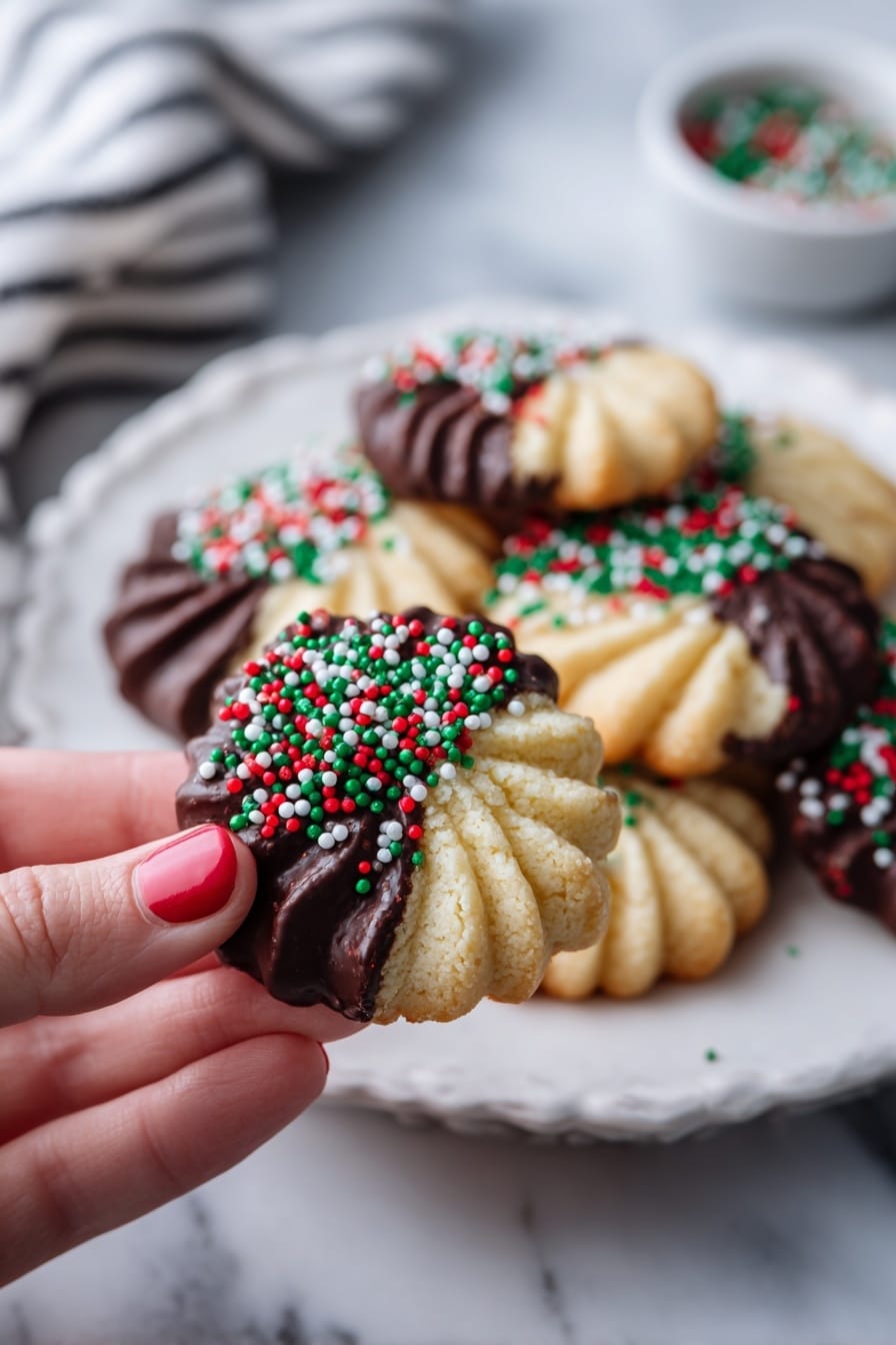 The image shows a cookie with three steps: first, a woman's hand dipping a beige, swirled cookie halfway into a bowl of smooth, dark brown chocolate; second, the cookie resting on white parchment paper on a baking tray, with the bottom half covered in glossy chocolate; third, the same cookie topped with small round sprinkles in red, white, and green colors on the chocolate-covered part, all set against a white marbled surface background. photo taken with an iphone --ar 2:3 --v 7 - Danish Butter Cookies with Chocolate, Danish Butter Cookies, Chocolate-Dipped Danish Cookies, Easy Danish Cookies, Butter Cookies with Chocolate Dip