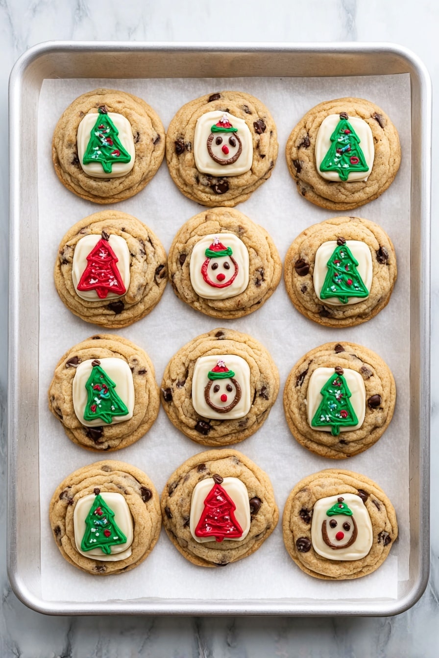 The image shows twelve chocolate chip cookies arranged in four rows of three on a white baking tray lined with white parchment paper, placed on a white marbled surface. Each cookie has a thick, square topper in the center with colorful Christmas designs printed on them, including Christmas trees in green and red, and a face with red and brown colors. The cookies are golden brown with visible chocolate chips, and the edges are slightly uneven but well-baked. photo taken with an iphone --ar 2:3 --v 7 - Chocolate Chip Sugar Cookie Bake, easy cookie bake, layered cookie dessert, no-bake cookie recipes, indulgent cookie treats