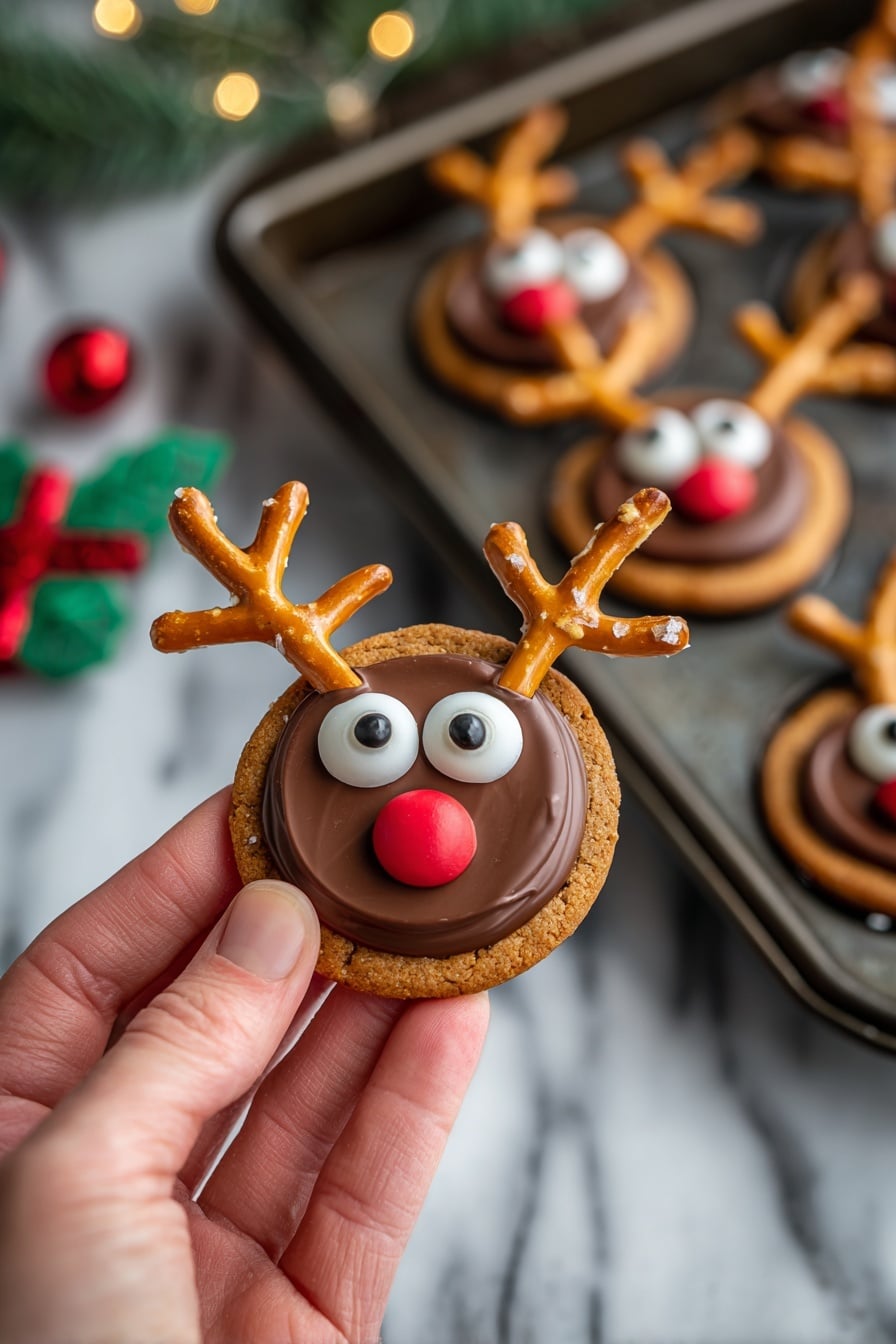 Peanut Butter Reindeer Cookies Recipe 8 The image shows a round black tray with a clear plastic lid containing 15 small reindeer-themed cookies arranged neatly in rows. Each cookie has a light brown base with a slightly rough texture, topped with two small white candy eyes, a red round candy nose, and two brown pretzel stick antlers. The cookies are set on a white marbled surface, with a festive red sign and a gingerbread house decoration in the background. The sign has white text and holiday designs, adding a warm Christmas feel to the scene. Photo taken with an iphone --ar 2:3 --v 7 - Peanut Butter Reindeer Cookies