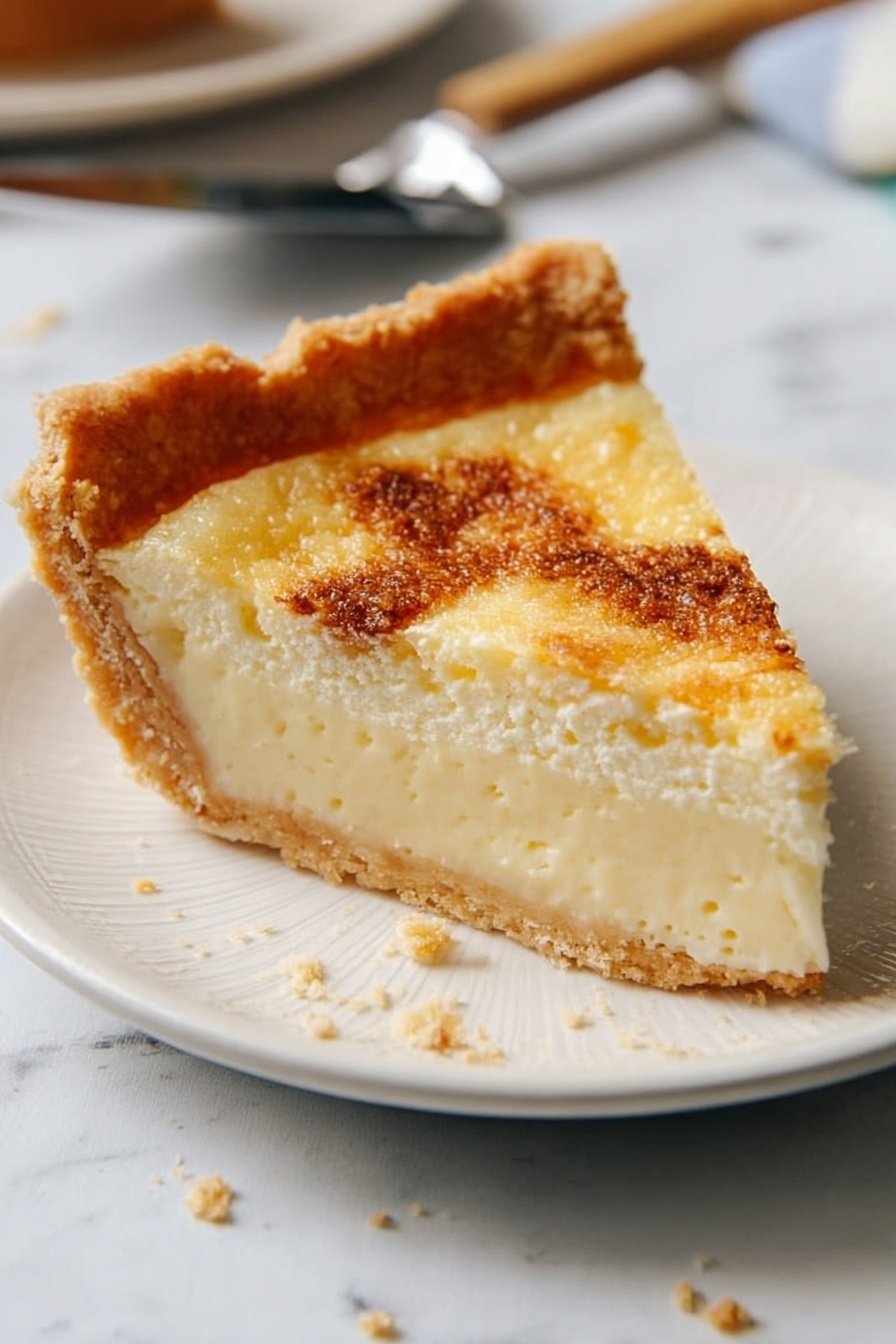 Easy Bread Pudding Pie Recipe 8 A slice of pie with three visible layers sits on a white plate with a subtle texture. The bottom layer is a smooth, light beige crust that looks firm. The middle layer is thick, creamy, and pale yellow, appearing soft and moist. The top layer is golden brown with a slightly bubbly and crispy texture, sprinkled with small dark brown spots. The plate rests on a white marbled surface, with some crumbs scattered around, and a metal pie server with a clear handle in the background. Photo taken with an iphone --ar 2:3 --v 7 - Easy Bread Pudding Pie, bread pudding pie with flaky crust, comforting dessert recipes, quick dessert ideas, cozy baked pudding