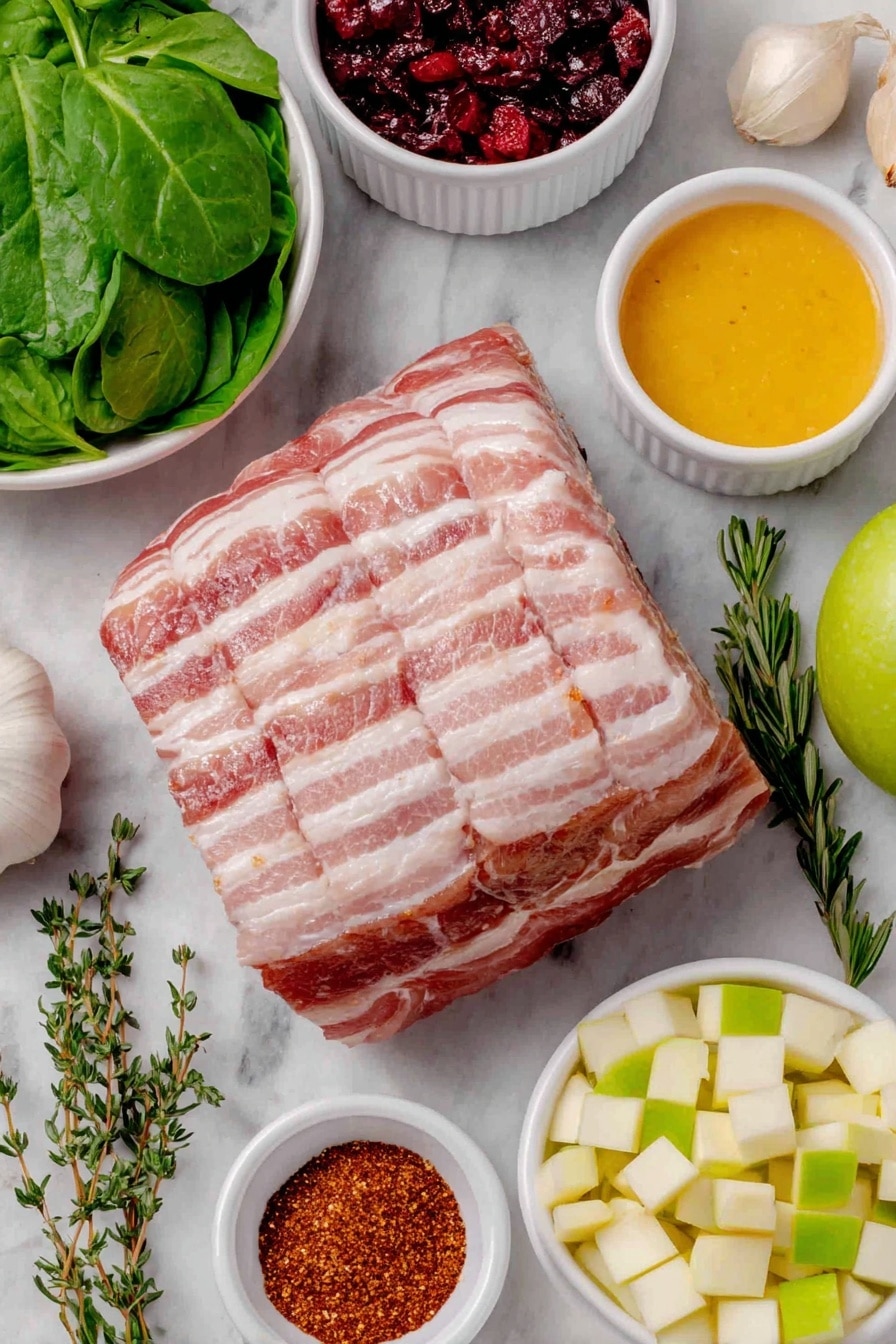 Flat lay of fresh center cut pork loin, diced smoked bacon slices, a whole peeled small apple diced into cubes, fresh baby spinach leaves, a whole large shallot diced, whole garlic cloves unpeeled, a few dried cranberries scattered, small white ceramic bowls with maple syrup and Dijon mustard, fresh sprigs of thyme and rosemary, small white bowls containing sea salt, ground black pepper, smoked paprika, all placed on a clean white marble surface, soft natural light, photo taken with an iPhone, professional food photography style, fresh ingredients, white ceramic bowls, no bottles, no duplicates, no utensils, no packaging --ar 2:3 --v 7 --p m7354615311229779997 - Apple Bacon Stuffed Pork Loin, pork loin stuffed with apple and bacon, savory stuffed pork recipes, easy pork loin recipes, holiday pork main dish