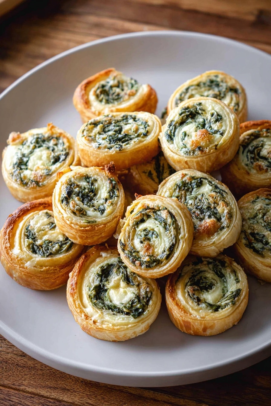 A white plate is full of about sixteen round pastries stacked close together, each with two visible layers: a flaky golden-brown crust on the outside and a creamy white filling mixed with dark green leafy bits rolled in a spiral pattern inside. The pastries have a slightly shiny surface and appear soft but with a light crisp on the edges. The plate sits on a wooden table, showing warm brown grain textures around it. Photo taken with an iphone --ar 2:3 --v 7 - Spinach Dip Pinwheels, spinach puff pastry appetizers, easy spinach dip appetizers, party finger foods, savory pinwheel recipes