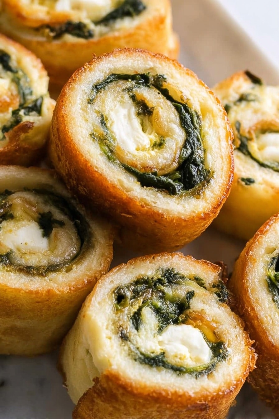 This close-up image shows a pile of spiral rolls with three main layers visible in each piece. The outer layer is light golden brown with a slightly crispy texture, wrapping around a creamy white middle layer that looks soft and smooth. Inside this creamy layer, there is a dark green leafy layer, possibly spinach, arranged in a spiral forming the innermost part of each roll. The rolls are stacked closely together on a white marbled surface. The lighting highlights the varying textures from crispy edges to creamy filling. photo taken with an iphone --ar 2:3 --v 7 - Spinach Dip Pinwheels, spinach puff pastry appetizers, easy spinach dip appetizers, party finger foods, savory pinwheel recipes