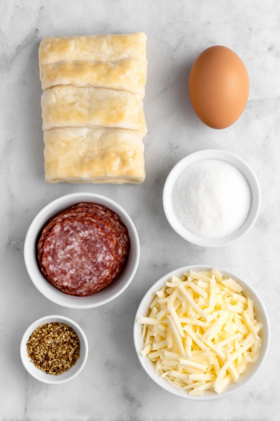 Flat lay of two sheets of pale golden puff pastry, a small white bowl of coarse ground mustard with visible mustard seeds, a small mound of chopped hard salami with deep red and white marbling, a neat pile of grated Colby Jack cheese with creamy yellow and white tones, one whole clean-shelled brown egg, and a small white bowl of clear water placed on a clean white marble surface, soft natural light, photo taken with an iPhone, professional food photography style, fresh ingredients, white ceramic bowls, no bottles, no duplicates, no utensils, no packaging --ar 2:3 --v 7 --p m7354615311229779997 - Salami and Cheese Puff Pastry Pinwheels, savory puff pastry appetizers, easy party snacks, flaky salami cheese bites, quick puff pastry recipes