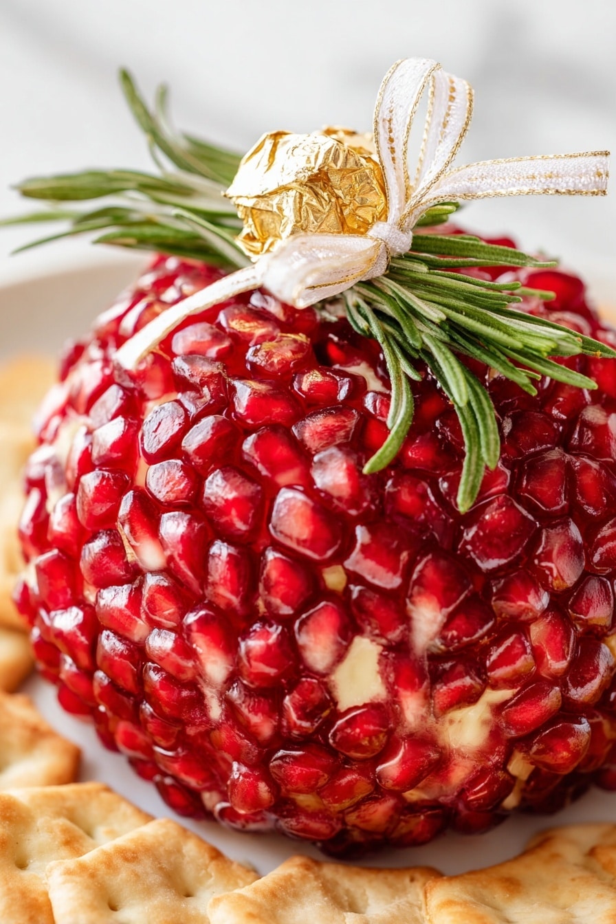 A small round cheese ball sits in the center of a white plate with a white marbled texture background. The cheese ball is covered in bright red and shiny pomegranate seeds, giving it a bumpy texture. A small golden foil-wrapped candy is placed on top of the cheese ball, tied with a white ribbon bow. One side of the cheese ball is slightly scooped out, showing a creamy white cheese mixed with green herbs inside. Around the cheese ball on the plate are golden crackers arranged in a circle. Photo taken with an iphone --ar 2:3 --v 7 - Pomegranate Christmas Cheese Ball, festive cheese ball, holiday cheese appetizer, easy Christmas cheese dip, holiday party finger food