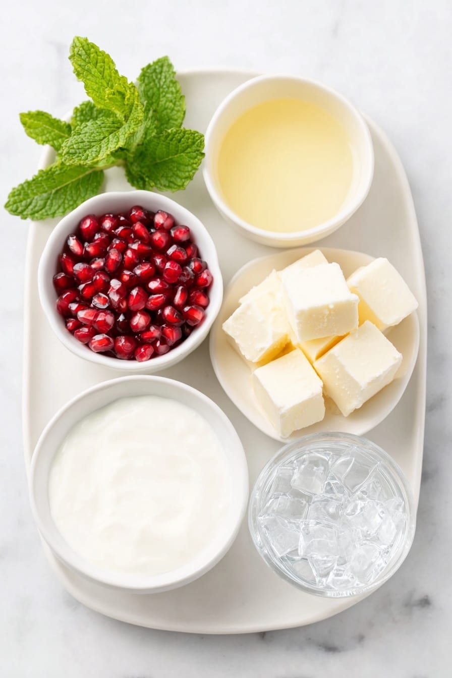 Flat lay of fresh bright green mint leaves with a single mint sprig, a small white bowl filled with vibrant red pomegranate arils, a small white bowl of fresh pale yellow-green lime juice, a small white bowl of creamy white coconut creamer, a small white bowl of clear club soda, two whole clean white ice cubes arranged neatly on the white ceramic plate placed on a clean white marble surface, soft natural light, photo taken with an iPhone, professional food photography style, fresh ingredients, white ceramic bowls, no bottles, no duplicates, no utensils, no packaging --ar 2:3 --v 7 --p m7354615311229779997 - Creamy White Christmas Mojito, festive holiday cocktail, coconut mojito, holiday cocktail recipes, winter drinks