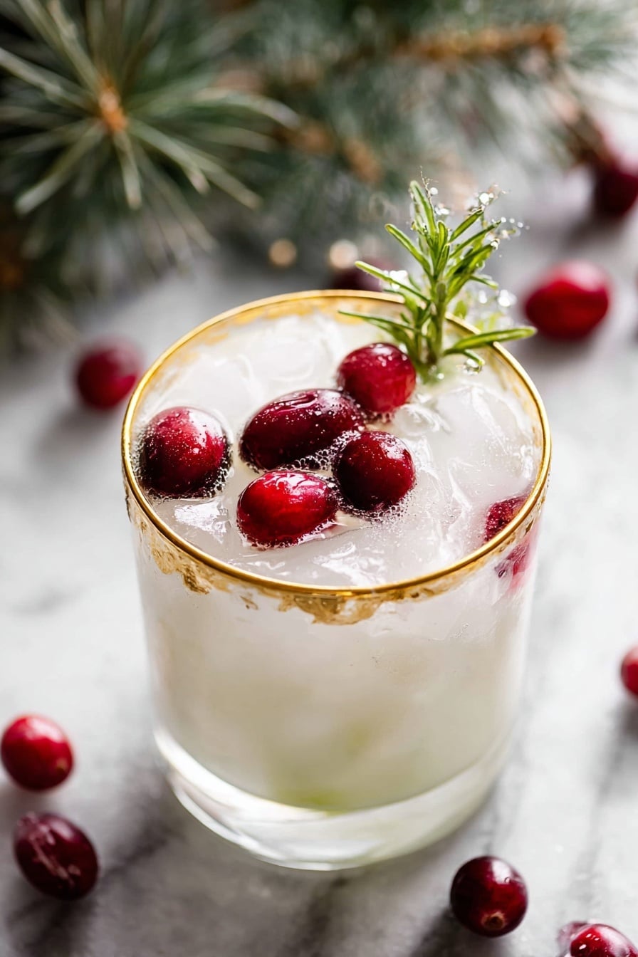 White Christmas Margarita Recipe 6 A short, clear glass with a gold rim holds a creamy white drink filled with ice cubes. Floating on top are several bright red cranberries and a small sprig of fresh green rosemary. The glass sits on a white marbled surface with scattered cranberries and green pine leaves softly blurred in the background. The overall look is fresh and festive with a crisp, cool feeling. photo taken with an iphone --ar 2:3 --v 7 - White Christmas Margarita, Christmas margarita recipe, holiday cocktail drinks, festive margarita with coconut, winter wonderland cocktail