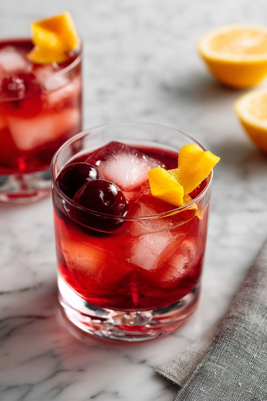 A clear glass filled with a bright red drink sits on a white marbled surface. Inside the glass, large ice cubes float near the top, and there is a twist of orange peel curled above a dark cherry resting on the ice. The glass has a thick base with vertical cuts around it, giving it a textured look. In the background, there is a second similar glass with the same drink slightly out of focus and a white bowl with cherries on the right side. A soft grey cloth is placed on the left side of the marble surface. The background is plain and bright. photo taken with an iphone --ar 2:3 --v 7 - Holiday Rum Negroni with Sparkling Wine, festive rum cocktail, holiday sparkling wine drink, easy holiday cocktail recipe, Christmas Negroni twist