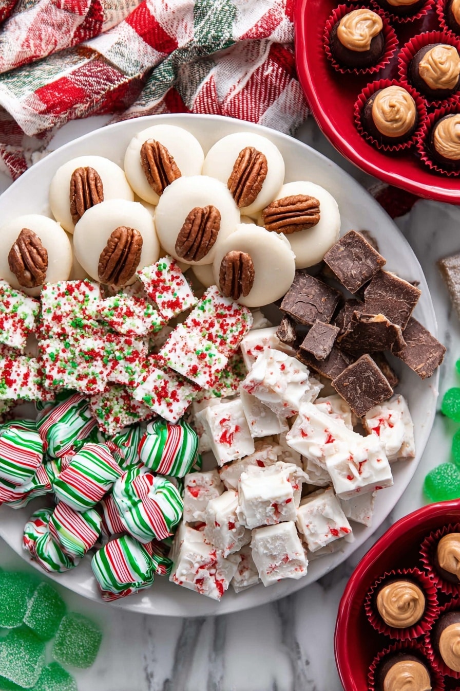 Festive Christmas M&M's Chocolate Bark Recipe 8 A large wooden board holds an array of colorful holiday treats, neatly laid out in nine sections. From the top left, there are ridged red, white, and green cookies stacked in a small pile. Next to them is a large cluster of shiny red and green candy pieces dusted with white powder. To the right, dark chocolate balls with a light brown center sit in red, green, and white paper cups. Below the cookies and candy, small squares of brown fudge with nuts are in red and green paper cups. Adjacent to the fudge, wrapped red, green, and white striped peppermint candies are grouped together. Below these, layers of golden peanut brittle fill a big section. At the bottom left, small round white and dark chocolate truffles rest in red and green paper cups. Next to these, white square bark decorated with green and red candies and sprinkles are stacked. To the right, white powdered balls topped with whole pecans are neatly arranged in rows. The board is set on a dark surface with green pine branches and red and white berry decorations around it. The photo taken with an iphone --ar 2:3 --v 7 - Festive Christmas M&M's Chocolate Bark, Christmas chocolate bark, holiday treat recipes, easy holiday desserts, colorful Christmas candy bark