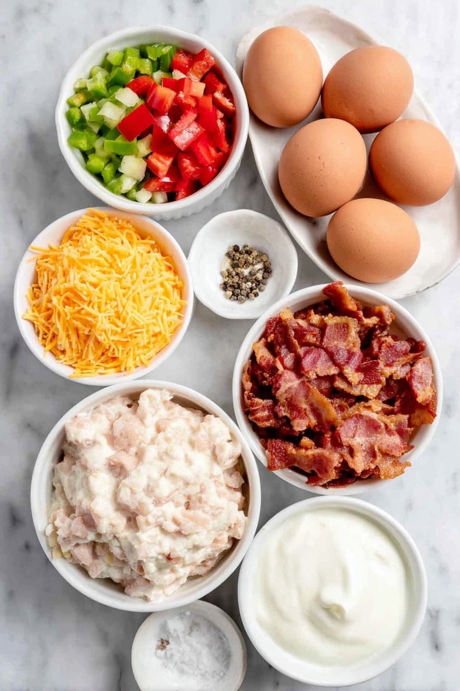Flat lay of ten whole brown eggs with clean shells, a small white bowl of fresh cream, a neat pile of shredded bright orange cheddar cheese, a small white bowl filled with chopped red and green bell peppers, diced red tomatoes, and white onions, a small white bowl of cooked, crumbled crispy bacon pieces, another small white bowl of chopped pale turkey meat, and a small white bowl with coarse salt and black peppercorns placed on a clean white marble surface, soft natural light, photo taken with an iPhone, professional food photography style, fresh ingredients, white ceramic bowls, no bottles, no duplicates, no utensils, no packaging --ar 2:3 --v 7 --p m7354615311229779997 - Homemade Egg Bites with Veggies and Cheese, healthy egg bites recipe, easy breakfast egg bites, veggie egg bites, cheesy egg bites