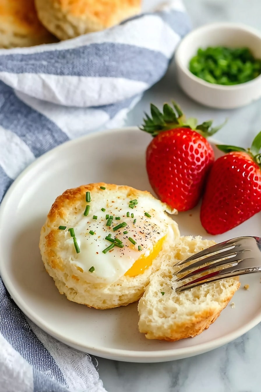 The image shows a white plate with a biscuit split open, its soft inside visible and golden-brown outside. There is a fried egg with a slightly browned edge on one side of the biscuit, topped with finely chopped green chives and black pepper. Next to the biscuit and egg are two large, fresh strawberries with green leaves. A silver fork is placed near the egg. The plate rests on a white marbled surface, with a blue and white striped cloth in the background and a small white bowl with green chives blurred in the back. Photo taken with an iphone --ar 2:3 --v 7 - Baked Egg Cups with Parmesan, Egg Cups with Parmesan, Egg Breakfast Bites, Easy Baked Egg Recipes, Healthy Breakfast Ideas
