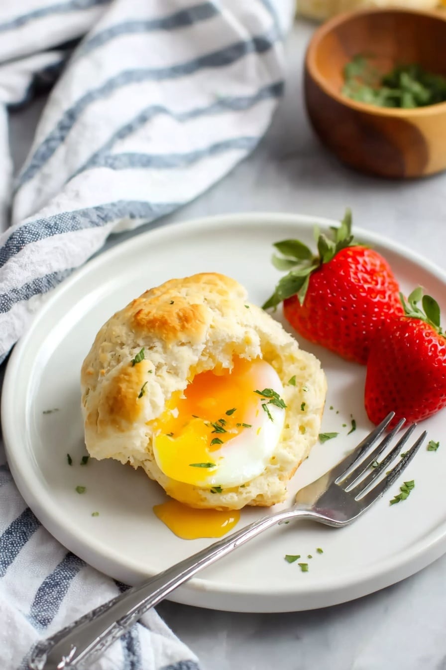 The image shows a white plate on a white marbled surface, holding a biscuit that is split open, with a cooked egg inside. The egg yolk is soft and spilling out, with small green herbs sprinkled on top of the egg. Next to the biscuit and egg are two bright red strawberries with green leaves. In the background, there is a striped cloth in blue and white and a small wooden bowl with green garnish. A silver fork is placed on the plate’s edge. Photo taken with an iphone --ar 2:3 --v 7 - Baked Egg Cups with Parmesan, Egg Cups with Parmesan, Egg Breakfast Bites, Easy Baked Egg Recipes, Healthy Breakfast Ideas