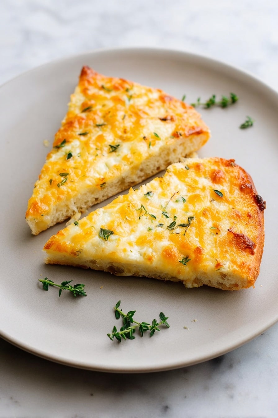 Two triangular slices of cheesy bread rest on a smooth white plate set on a white marbled surface. The bread has a thick, soft base with a golden-yellow melted cheese layer on top, speckled with small green herbs. The cheese looks slightly bubbly and toasted with areas of light brown, creating a textured, inviting appearance. Small sprigs of fresh green herbs are placed both on the bread and scattered on the plate around it. photo taken with an iphone --ar 2:3 --v 7 - Egg and Cheese Baked Toasts, baked egg and cheese toast, quick breakfast toast recipes, cheesy baked toast ideas, simple egg breakfast ideas