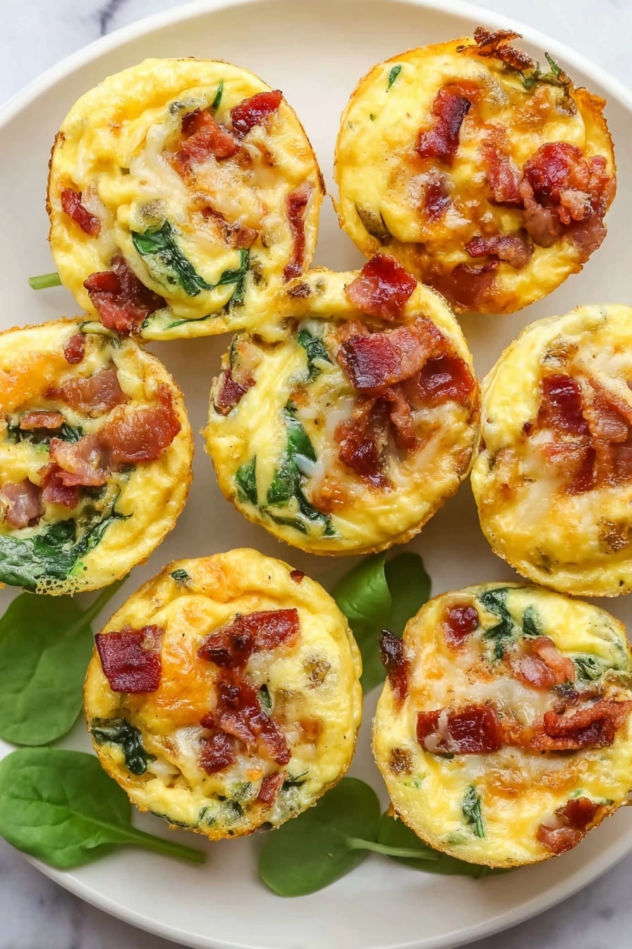 Cheddar Bacon Egg Muffins Recipe 8 The image shows six mini egg muffins on a white plate placed on a white marbled surface. Each muffin has two main layers: a yellow egg base mixed with green spinach pieces and chunks of reddish-brown crispy bacon parts spread throughout. On top of each muffin, there is a layer of melted light brown cheese with some melted spots and slightly browned edges. The muffins are arranged closely with small green spinach leaves next to them on the plate. The texture of the egg muffins looks fluffy, while the bacon pieces add a crispy touch. Photo taken with an iphone --ar 2:3 --v 7 - Cheddar Bacon Egg Muffins, breakfast egg muffins, bacon and cheese egg cups, grab-and-go breakfast recipes, easy egg muffin recipes