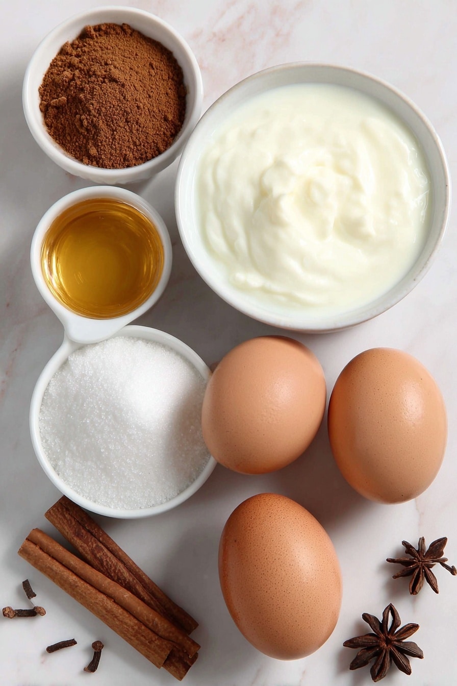 Homemade Eggnog Recipe 7 Flat lay of two whole brown eggs with clean shells, a small white ceramic bowl of granulated sugar, a small white ceramic bowl of whole milk, a small white ceramic bowl of heavy cream, a small white ceramic bowl of ground cinnamon with a cinnamon stick beside it, a small white ceramic bowl of ground nutmeg, three whole cloves scattered naturally, and a small white ceramic bowl of golden spiced rum, placed symmetrically on a clean white marble surface, soft natural light, photo taken with an iPhone, professional food photography style, fresh ingredients, white ceramic bowls, no bottles, no duplicates, no utensils, no packaging --ar 2:3 --v 7 --p m7354615311229779997 - Homemade Eggnog, holiday eggnog recipe, festive beverage, creamy eggnog drink, easy holiday drinks