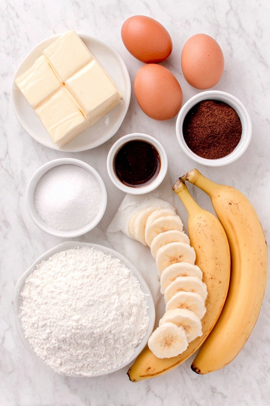 Cinnamon Swirl Banana Bread Recipe 7 Flat lay of a few sticks of unsalted butter, a small white bowl of granulated sugar, two whole brown eggs with clean shells, a small white bowl of vanilla extract, a small mound of all-purpose flour on a white ceramic plate, a small white bowl of baking soda, three ripe whole bananas with a peeled half showing soft flesh, a small white bowl with a mixture of dark brown sugar and ground cinnamon, six thin slices of ripe banana arranged neatly on a white ceramic plate, placed on a clean white marble surface, soft natural light, photo taken with an iPhone, professional food photography style, fresh ingredients, white ceramic bowls, no bottles, no duplicates, no utensils, no packaging --ar 2:3 --v 7 --p m7354615311229779997 - Cinnamon Swirl Banana Bread, banana bread with cinnamon, moist banana bread recipes, cinnamon swirl quick bread, easy banana bread with cinnamon