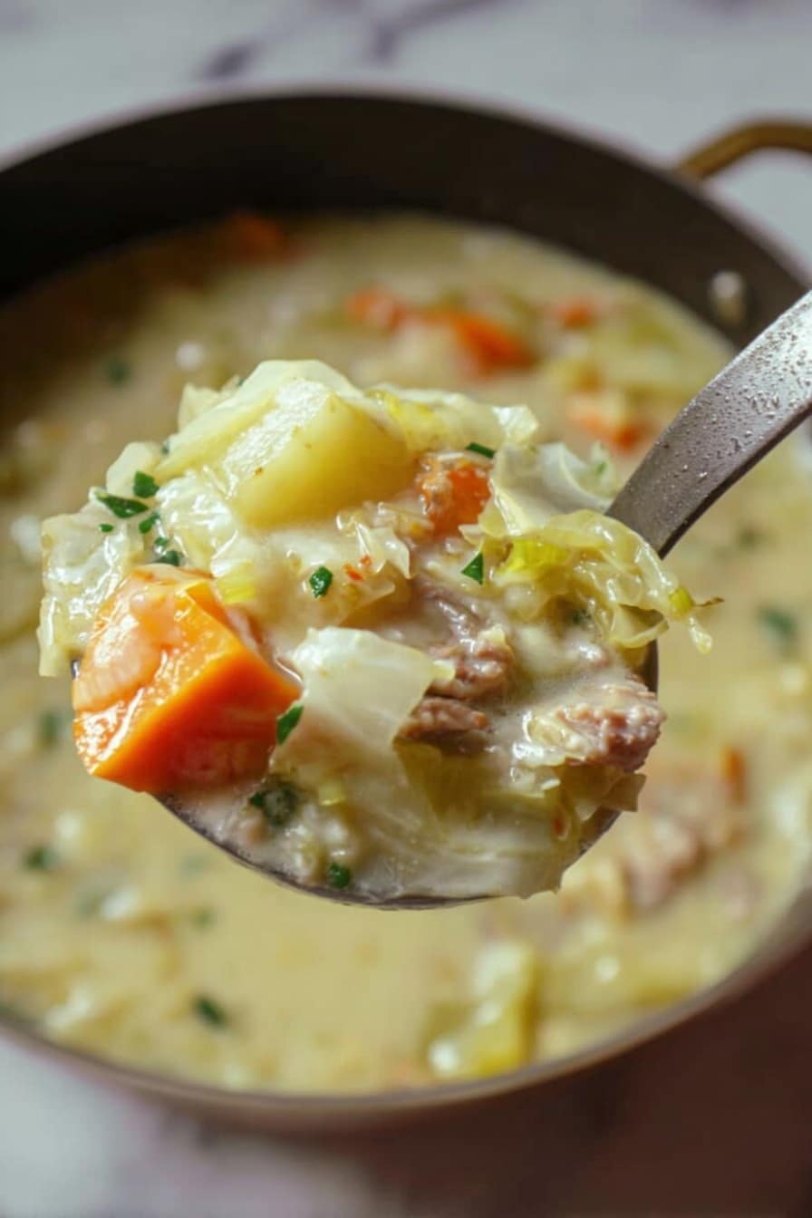 The image shows a close-up of a metal ladle filled with a thick soup. The soup has a creamy texture with visible pieces of yellow cabbage, orange carrot slices, light chunks of meat, and some small bits of green herbs. The colors are soft and natural, with the vegetables sitting in a pale, creamy broth. The ladle is held just above a surface with a white marbled texture in the background. photo taken with an iphone --ar 2:3 --v 7 - Hearty Scotch Beef and Vegetable Soup, Scottish beef and vegetable soup, hearty beef soup with barley, comforting Scotch broth recipe, nourishing beef and veggie soup