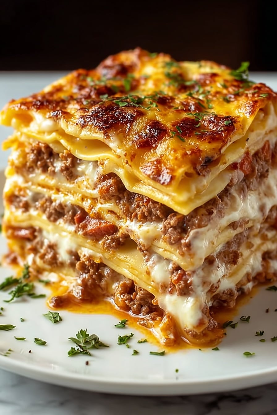 Cheesy Bacon Garlic Lasagna Recipe 6 A large piece of lasagna sits on a white plate with a white marbled texture background. The lasagna has five thick layers of pasta sheets, each layer appearing soft and golden-yellow. Between the pasta layers, there is a rich filling of brown ground meat and pieces of red tomato sauce mixed with creamy white cheese, which looks smooth and slightly melted. The top layer has a browned, bubbly cheese finish, garnished with small green herbs sprinkled on top and around the plate. The lasagna looks juicy with some sauce seeping out slightly at the edges. Photo taken with an iphone --ar 2:3 --v 7 - Cheesy Bacon Garlic Lasagna, cheesy bacon lasagna, bacon garlic lasagna, lasagna with bacon and cheese, savory garlic lasagna