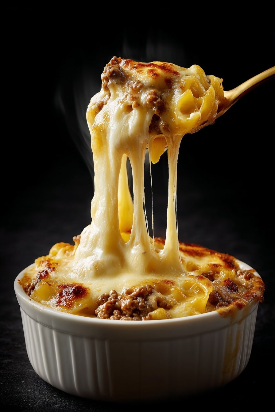 Cheeseburger Casserole Recipe 6 The image shows a clear rectangular glass baking dish filled with a baked pasta casserole. The dish has several layers, starting with a base of cooked pasta, mixed with ground meat and small pieces of red bell pepper. On top of this, there is a generous layer of melted cheese, mostly white with some orange cheddar spread evenly over the surface. The cheese has a bubbly, slightly melted texture, covering the pasta and meat mixture underneath. The baking dish is placed on a white marbled surface, and around the dish, there is a metal cooling rack visible. photo taken with an iphone --ar 2:3 --v 7 - Cheeseburger Casserole, cheeseburger casserole recipe, easy cheeseburger casserole, comforting dinner ideas, one-pan ground beef casserole