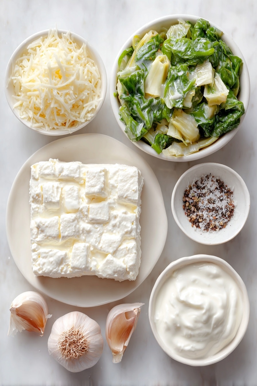 Flat lay of a handful of roughly chopped fresh spinach leaves, a small white ceramic bowl filled with roughly chopped artichoke hearts, an 8-ounce block of cream cheese cut into cubes on a simple white ceramic plate, a small white ceramic bowl of sour cream, a small white ceramic bowl of shredded mozzarella cheese, a small white ceramic bowl of shredded Parmesan cheese, four whole cloves of garlic with papery skins intact, and a small white ceramic bowl containing a mix of coarse salt and black peppercorns, all arranged in perfect symmetry placed on a clean white marble surface, soft natural light, photo taken with an iPhone, professional food photography style, fresh ingredients, white ceramic bowls, no bottles, no duplicates, no utensils, no packaging --ar 2:3 --v 7 --p m7354615311229779997 - Creamy Spinach Artichoke Dip, spinach artichoke dip recipe, crockpot spinach artichoke dip, easy appetizer dip, cheesy spinach artichoke dip