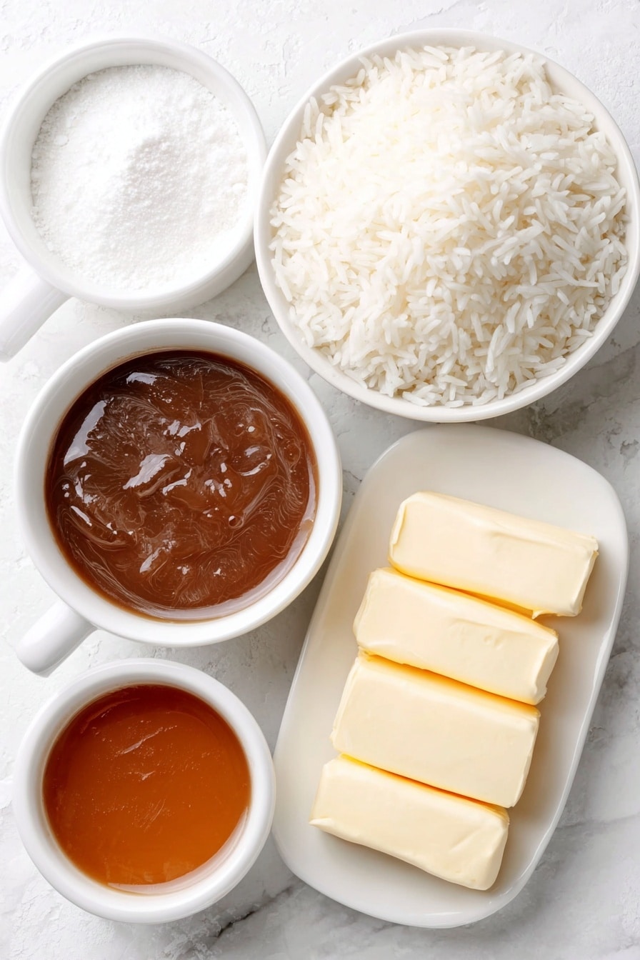 Flat lay of long grain rice in a small white ceramic bowl, rich golden butter sliced into thin pats arranged neatly on a simple white plate, two small white bowls containing deep brown beef broth and translucent caramel-colored French onion soup, all placed with perfect symmetry and balanced proportions on a clean white marble surface, soft natural light, photo taken with an iPhone, professional food photography style, fresh ingredients, white ceramic bowls, no bottles, no duplicates, no utensils, no packaging --ar 2:3 --v 7 --p m7354615311229779997 - French Onion Soup Rice Bake, French Onion Soup casserole, onion soup rice bake, easy French onion bake, comforting onion rice dish